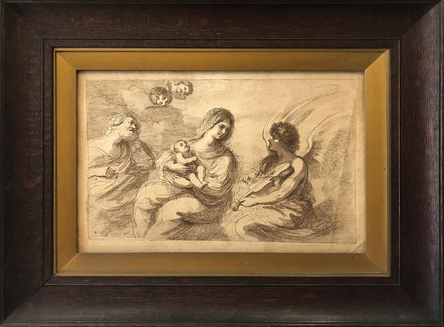 Francesco Bartolozzi Portrait Print - F. Bartolozzi (1727-1815) After Guercino, Holy Family and Angel Playing Violin