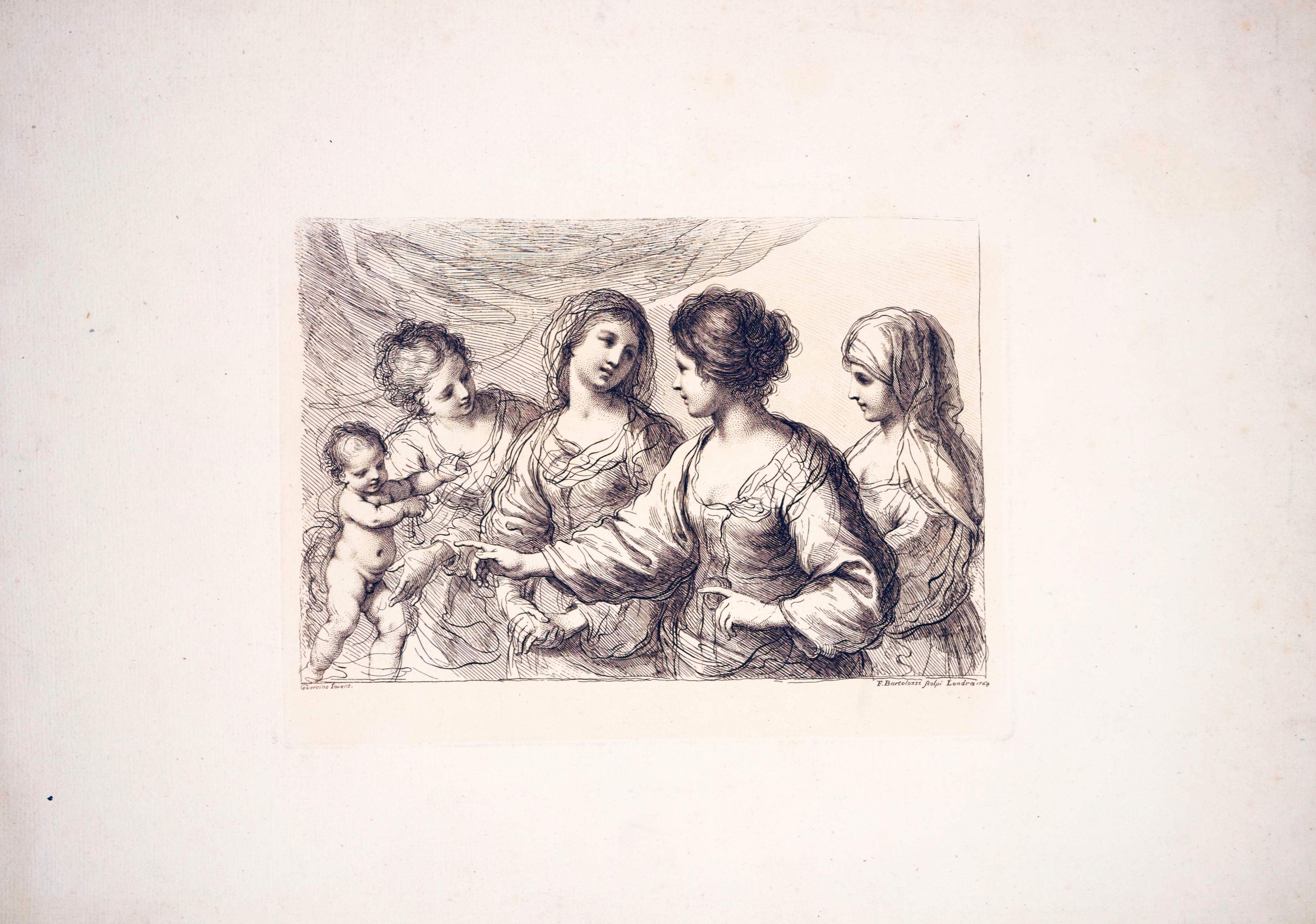 Cuatro jóvenes y el niño Cupido / - Virtuosismo misterioso - - Figurative Print Beige de Francesco Bartolozzi