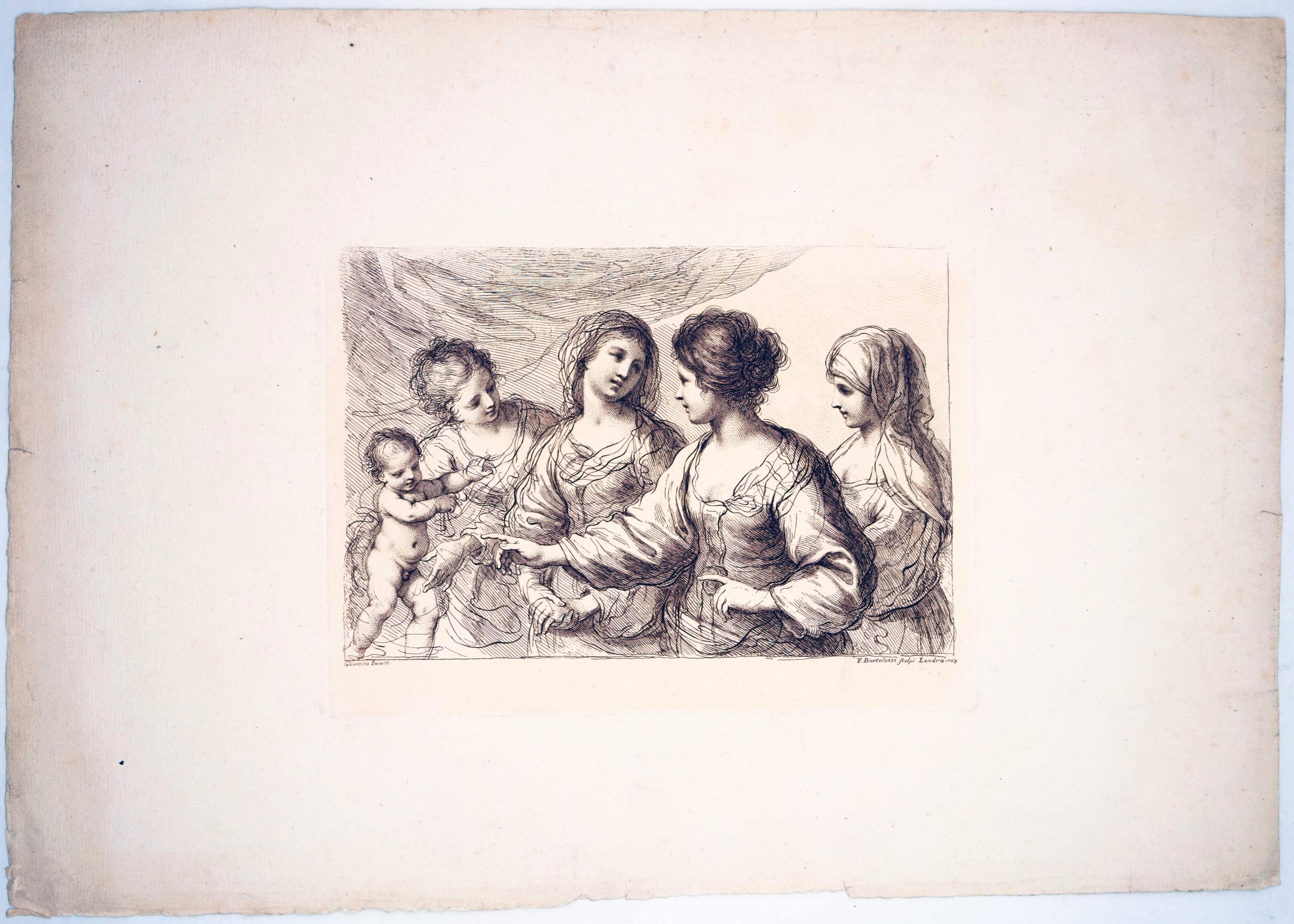 Francesco Bartolozzi (1728 Florencia - 1815 Lisboa), Escena mitológica con cuatro jóvenes y el niño Cupido, 1764. Grabado al crayón sobre papel verjurado según un dibujo de Guercino, 22 cm x 28,5 cm (tamaño de la plancha), 39,5 cm x 55,5 cm (tamaño