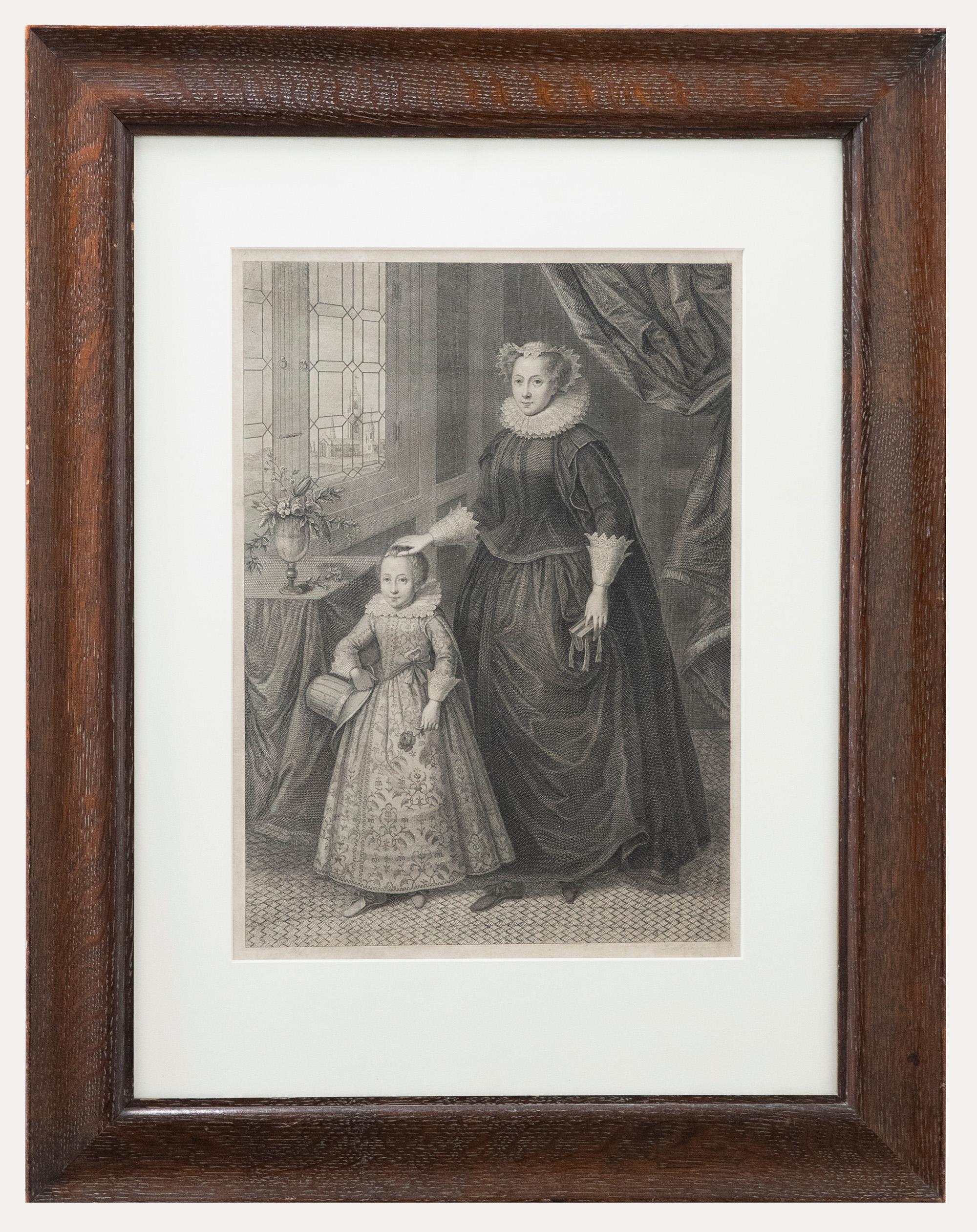A delightful 19th century engraving after Frederico Zuccari (c.1543-1609) by engraver Francesco Bartolozzi. The scene depicts Mary Queen of Scots and her son James I and VI. Signed in graphite to the lower right. Presented in an oak frame. On paper. 