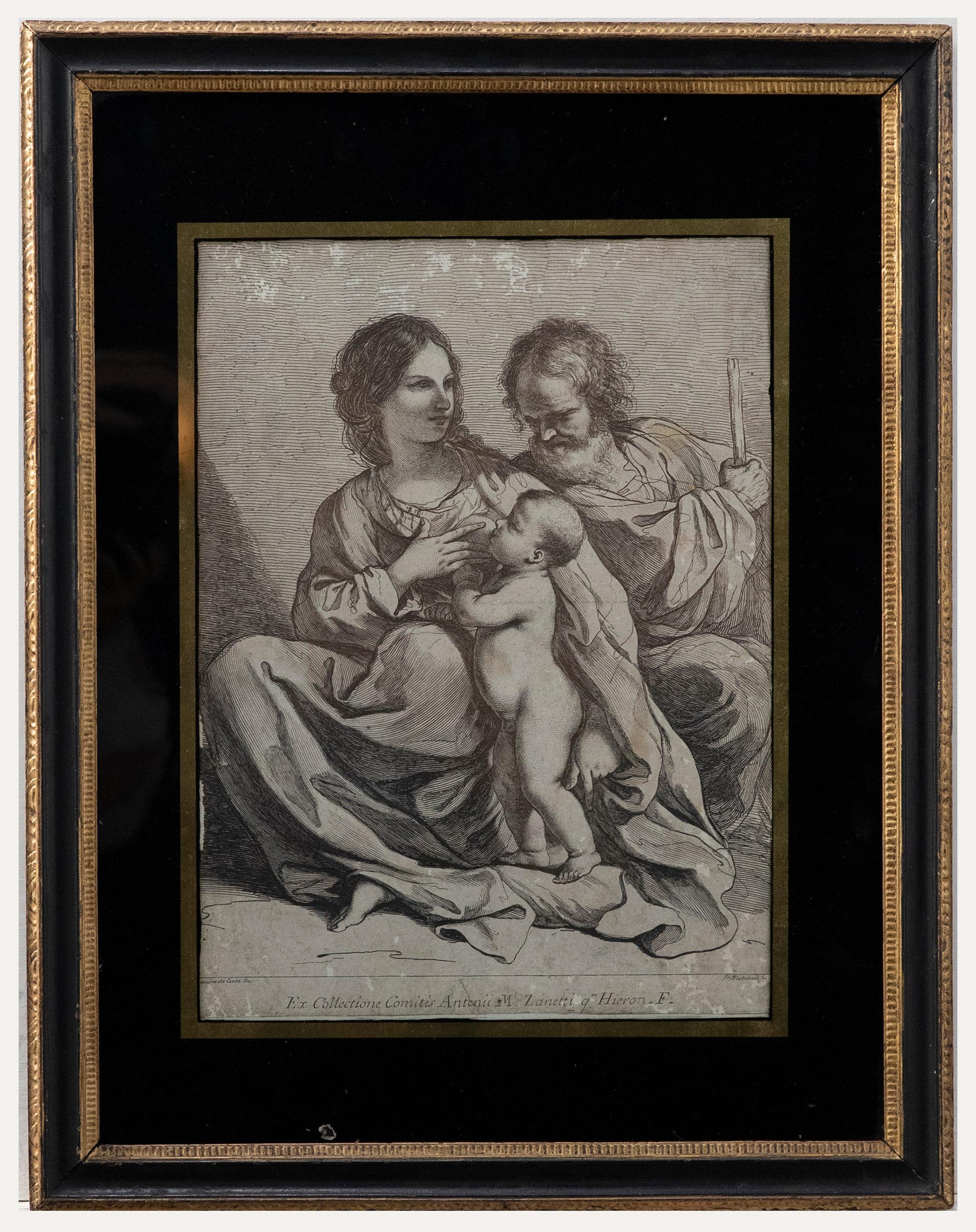 A charming engraving after Guercino depicting the holy family. Signed in plate. Inscribed in Latin 'from the collection of Count Anotnius M. Lanetti'. Presented in a verre eglomise mount and Hogarth style frame. On paper.
