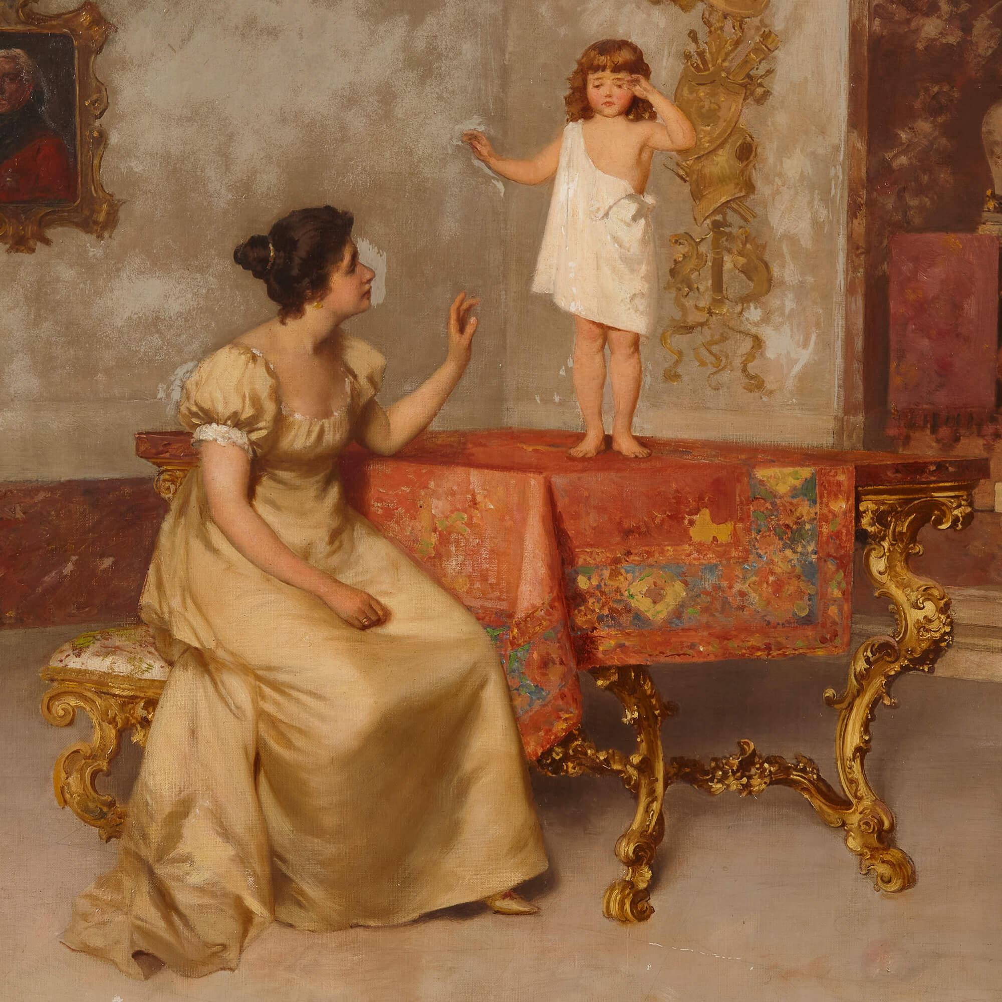 Large Italian genre painting of 'The Little Model' by Francesco Beda
Italian, 1840-1900
Frame: height 111cm, width 168cm, depth 7cm
Canvas: height 96cm, width 153cm, depth 3cm

Painted with a wonderfully sensitive touch and exceptional artistry and