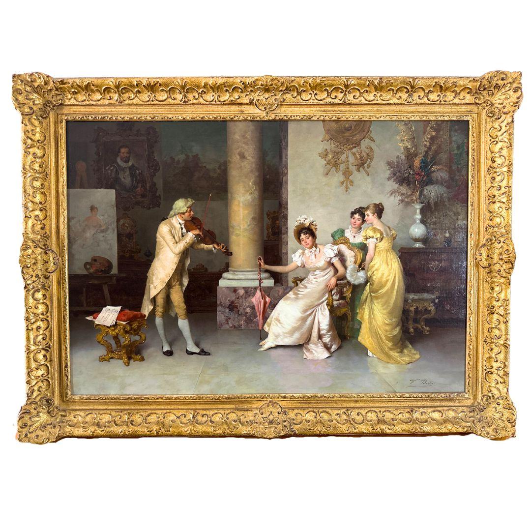 "Musical Interlude" 19th century antique realism Large oil painting on Board