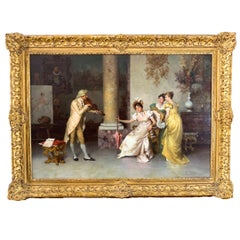 "Musical Interlude" 19th century Antique realism Large oil painting on Board