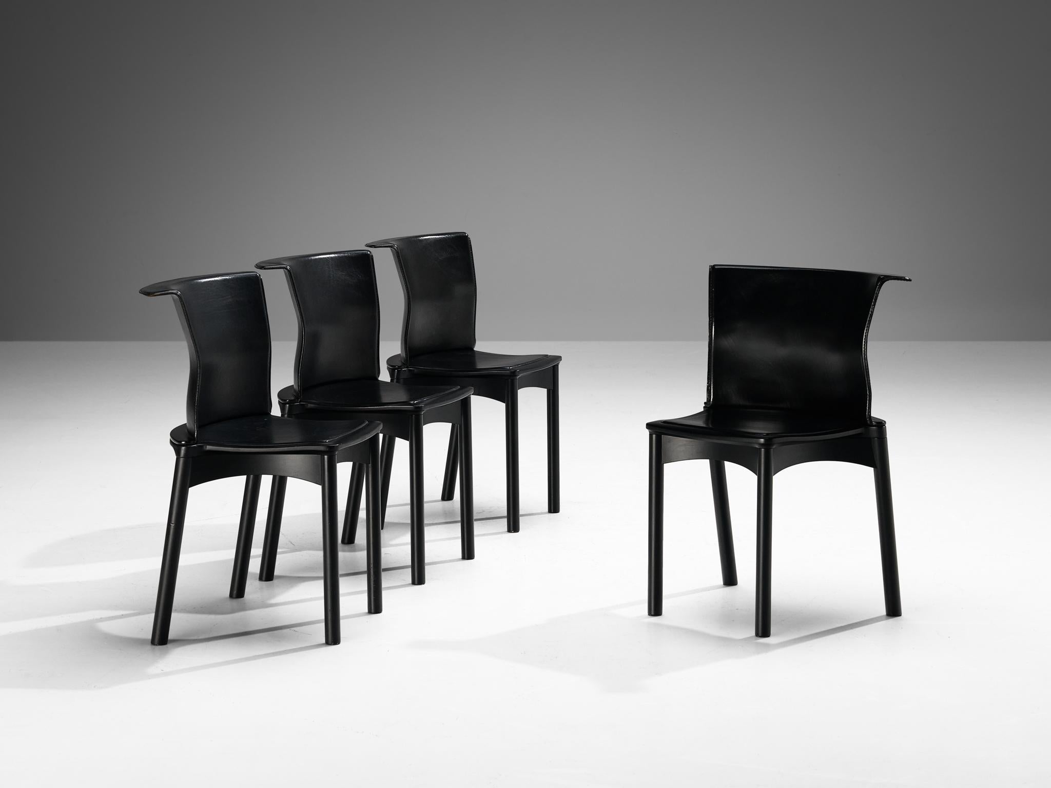 Francesco Binfaré for Cassina, set of four 'Hock' dining chairs, black lacquered wood, leather, Italy, 1990s

These rare chairs are designed by Francesco Binfaré who was director of the Centro Ricerche Cassina from 1969 to 1976. A distinct form