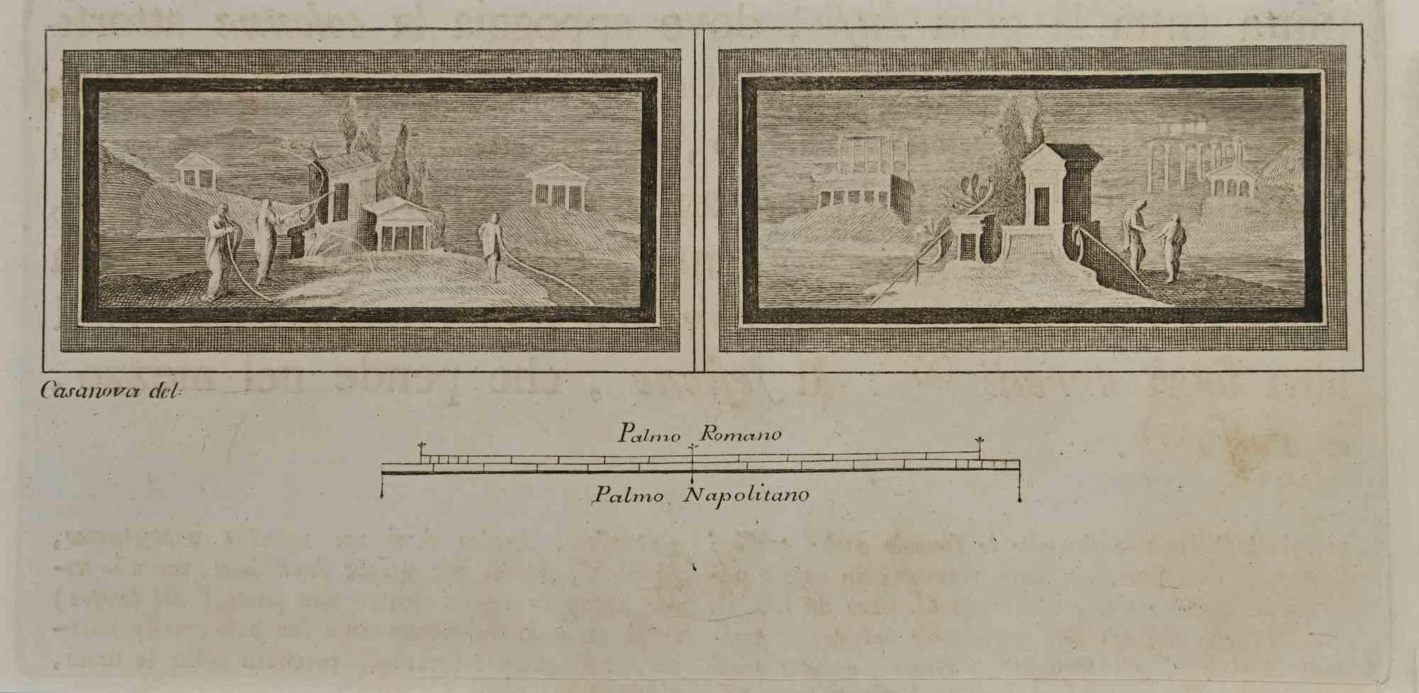 Figurative Print Francesco Giuseppe Casanova - Temple romain et Villa Fresco - eau-forte de Francesco Casanova - 18ème siècle