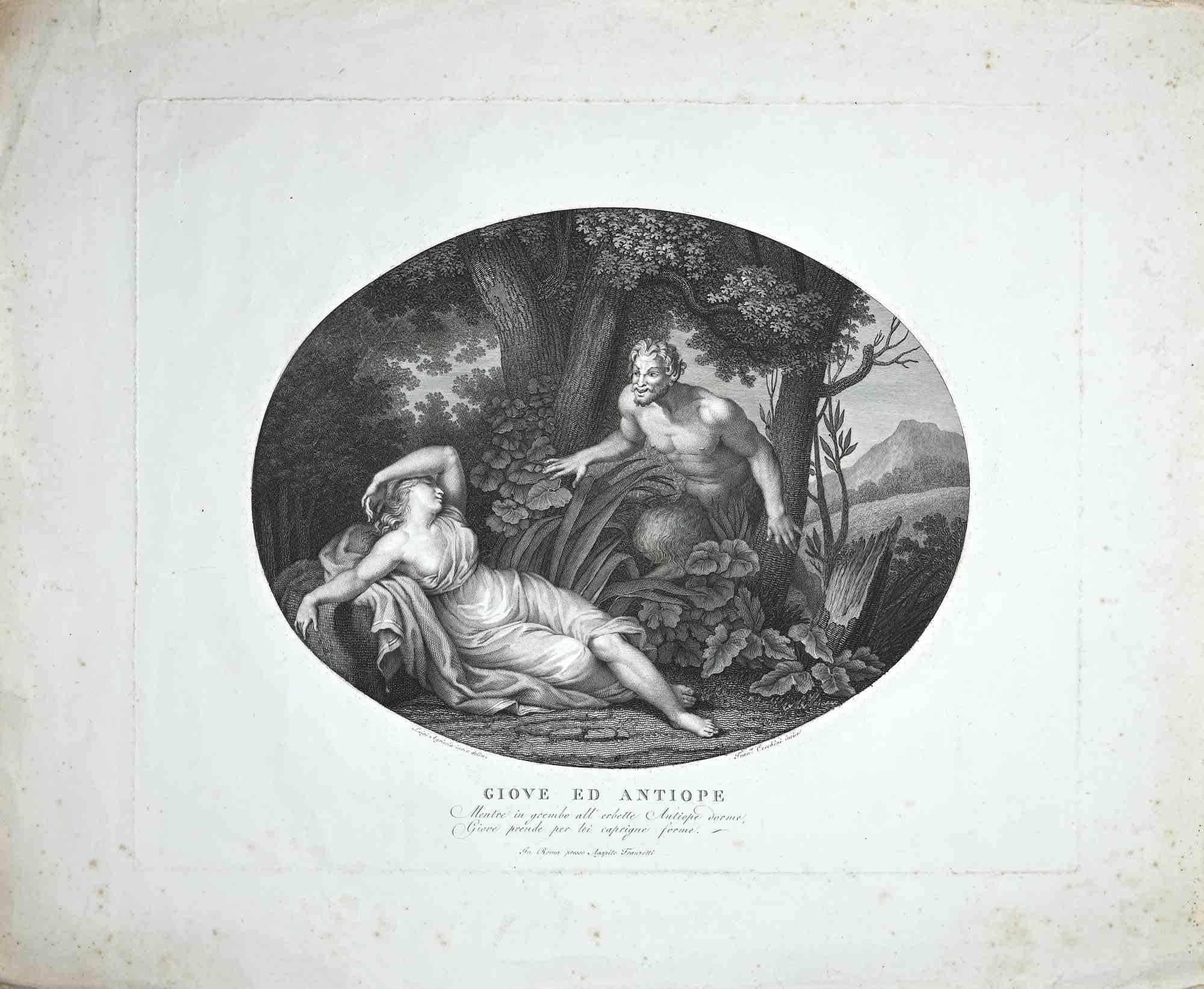 Jupiter et Antiope est une belle gravure en noir et blanc sur papier, réalisée par l'artiste italien Francesco Cecchini  (1790-1820).

Signé en bas, sur la plaque, titré en bas au centre.

Bonnes conditions à l'exception d'une petite tache de