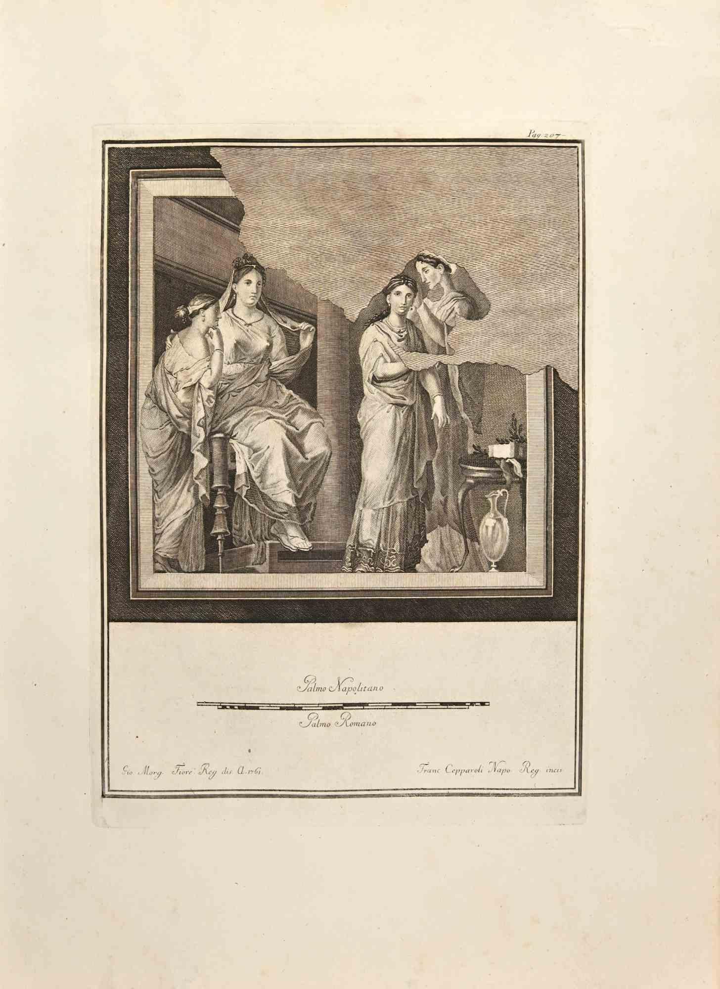 Ancient Roman Fresco from "Antiquities of Herculaneum" is an etching on paper realized by Francesco Cepparoli in the 18th Century.

Signed on the plate.

Good conditions.

The etching belongs to the print suite “Antiquities of Herculaneum Exposed”