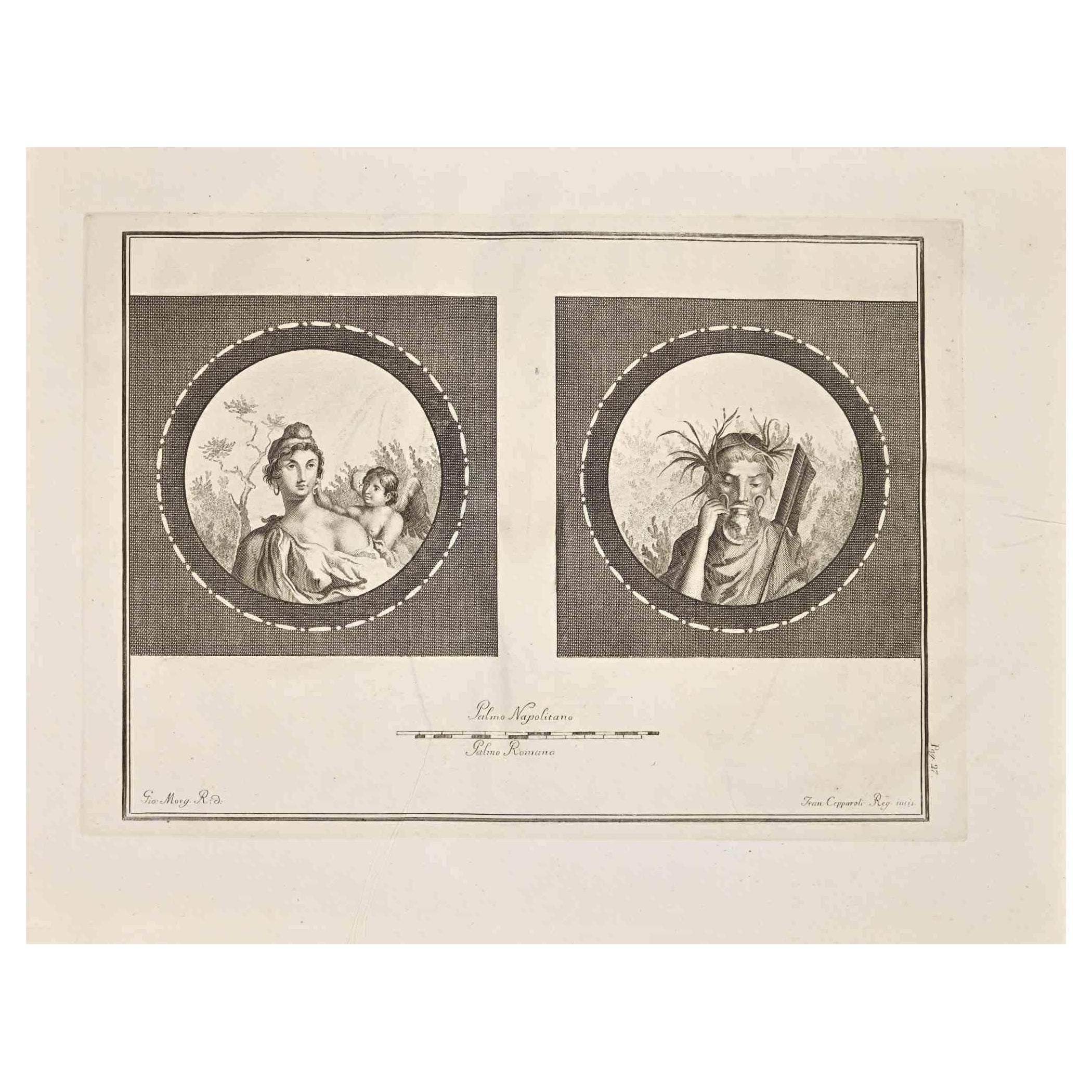 Ancien Herculanum romain Fresco, gravure de F. Cepparoli  - 18ème siècle