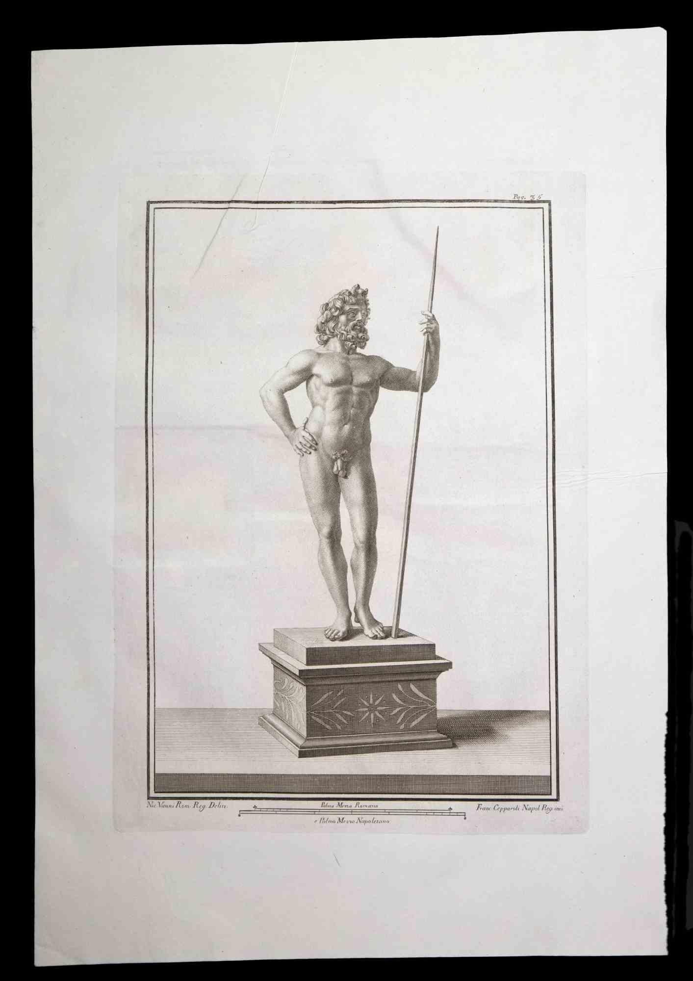 Statua romana antica, dalla serie "Antichità di Ercolano", è un'acquaforte originale su carta realizzata da Francesco Cepparoli nel XVIII secolo.

Firmato sul piatto, in basso a destra.

Buone condizioni con lievi pieghe.

L'incisione appartiene
