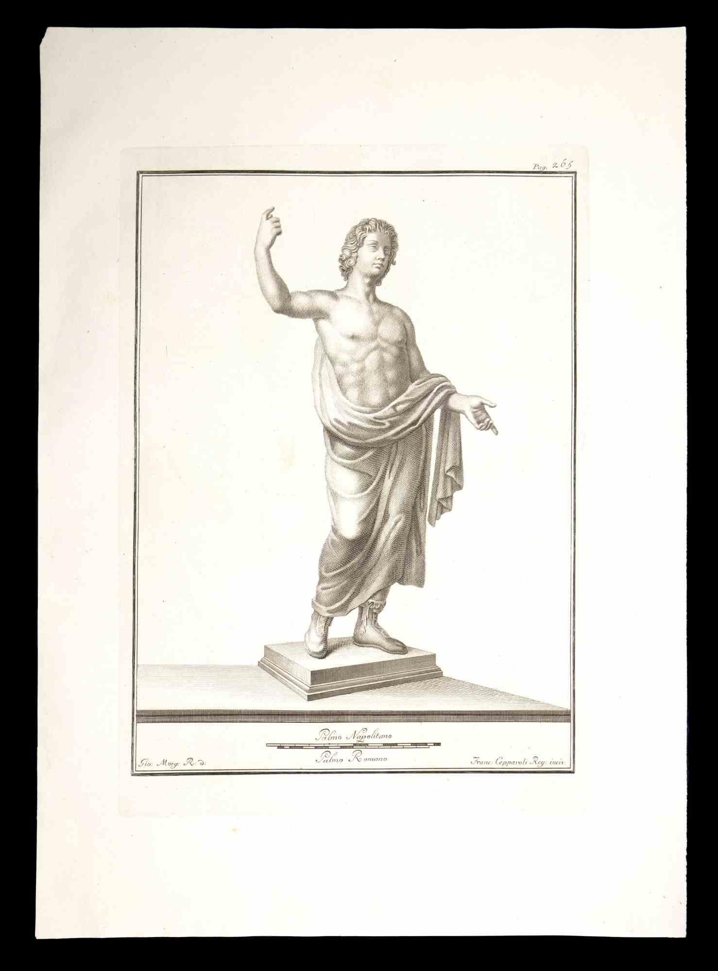 Ancient Roman Statue, from the series "Antiquities of Herculaneum", is an original etching on paper realized by Francesco Cepparoli in the 18th century.

Signed on the plate, on the lower right.

Good conditions with slight folding and minor