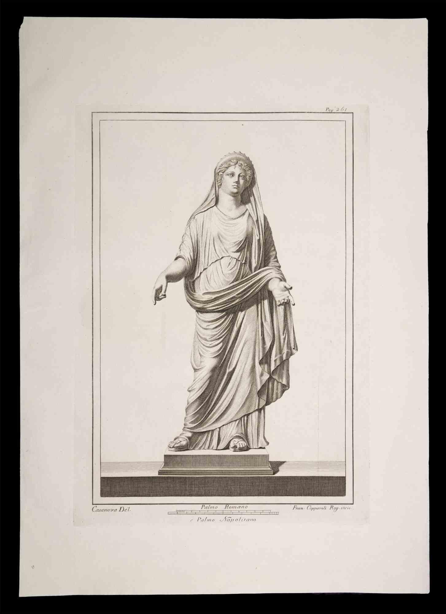 Ancient Roman Statue, aus der Serie "Antiquities of Herculaneum", ist eine Originalradierung auf Papier von Francesco Cepparoli aus dem 18.

Signiert auf der Platte, unten rechts.

Guter Zustand mit leichten Falten.

Die Radierung gehört zu der
