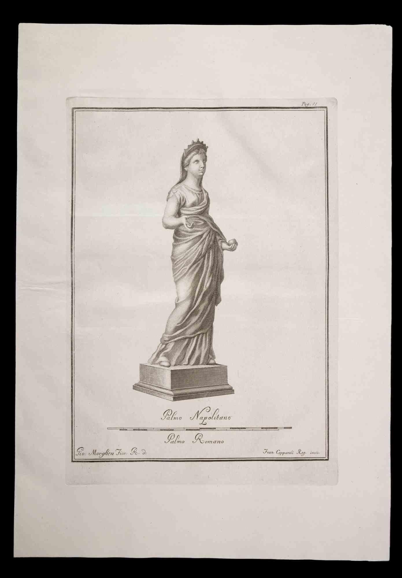 Ancient Roman Statue, aus der Serie "Antiquities of Herculaneum", ist eine Originalradierung auf Papier von Francesco Cepparoli aus dem 18.

Signiert auf der Platte, unten rechts.

Guter Zustand mit leichten Falten.

Die Radierung gehört zu der