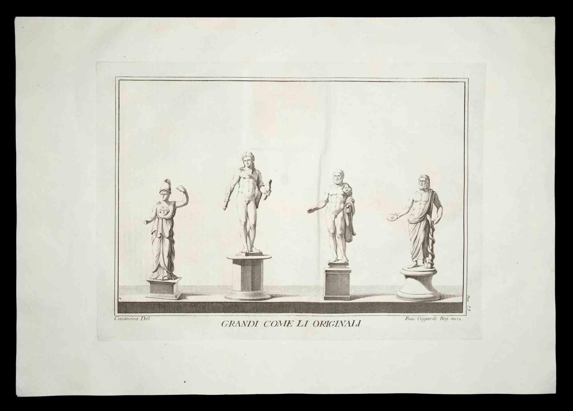 Ancient Roman Statues - Original Etching by Francesco Cepparoli - 1700s