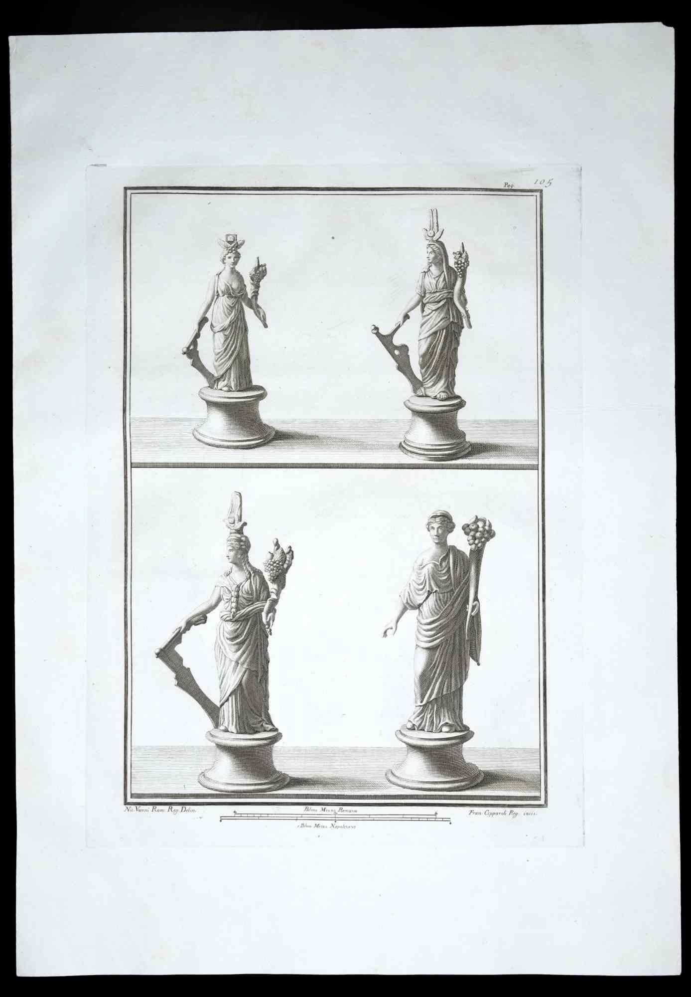 Ancient Roman Statues, aus der Serie "Antiquities of Herculaneum", ist eine Originalradierung auf Papier von Francesco Cepparoli aus dem 18.

Signiert auf der Platte, unten rechts.

Gute Bedingungen bis auf einen Schnitt oben rechts.

Die Radierung