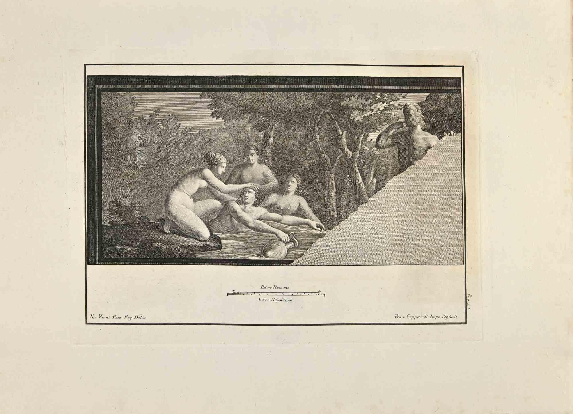 Bathers  Wall Fresco from "Antiquities of Herculaneum"is an etching on paper realized by Francesco Cepparoli in the 18th Century.

Signed on the plate.

Good conditions.

The etching belongs to the print suite “Antiquities of Herculaneum Exposed”