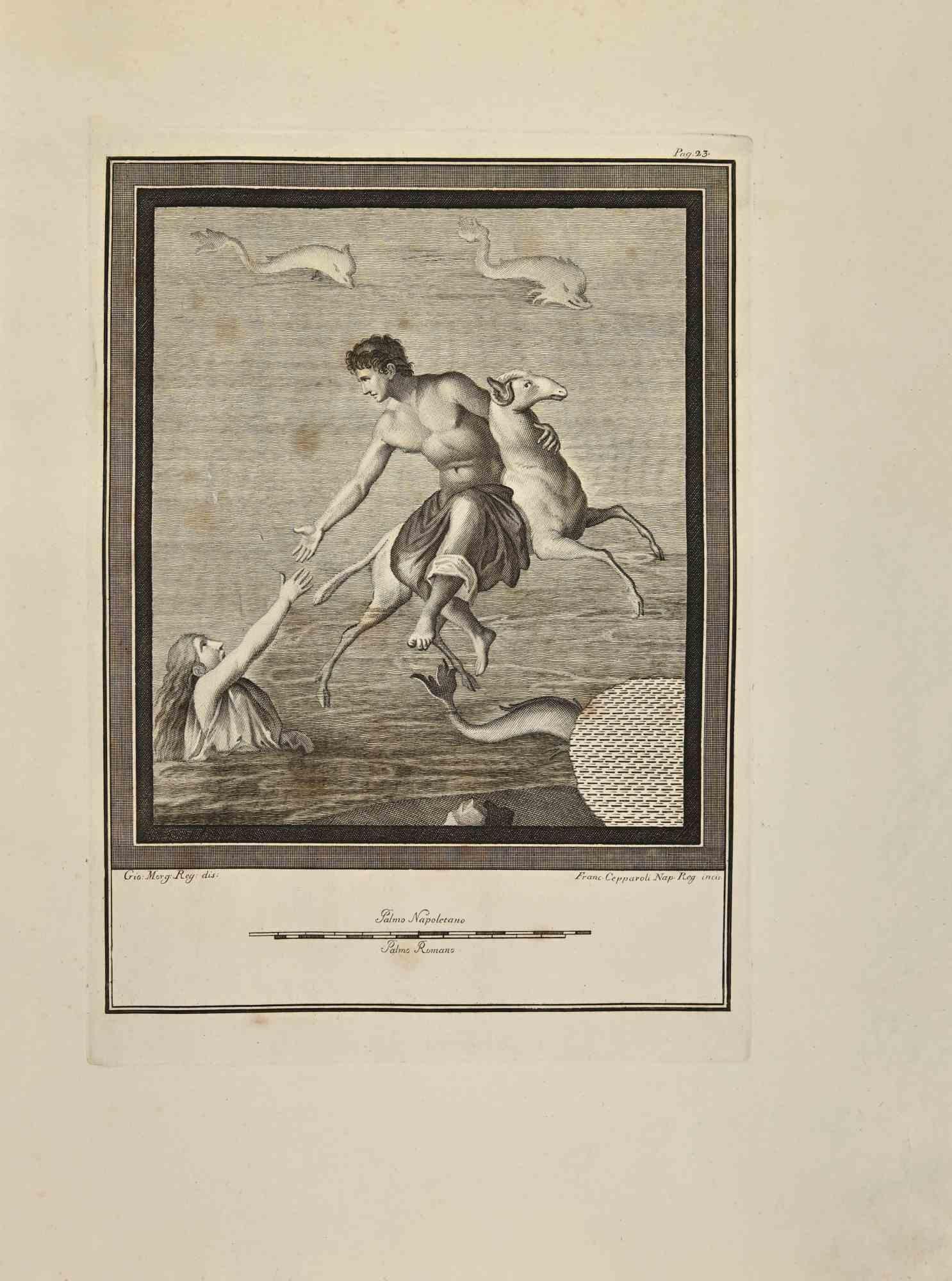 Helle atteignant Phrixus sur son bélier d'or volant des "Antiquités d'Herculanum" est une gravure sur papier réalisée par Francesco Cepparoli au 18ème siècle.

Signé sur la plaque.

Bon état, marges vieillies.

La gravure appartient à la suite