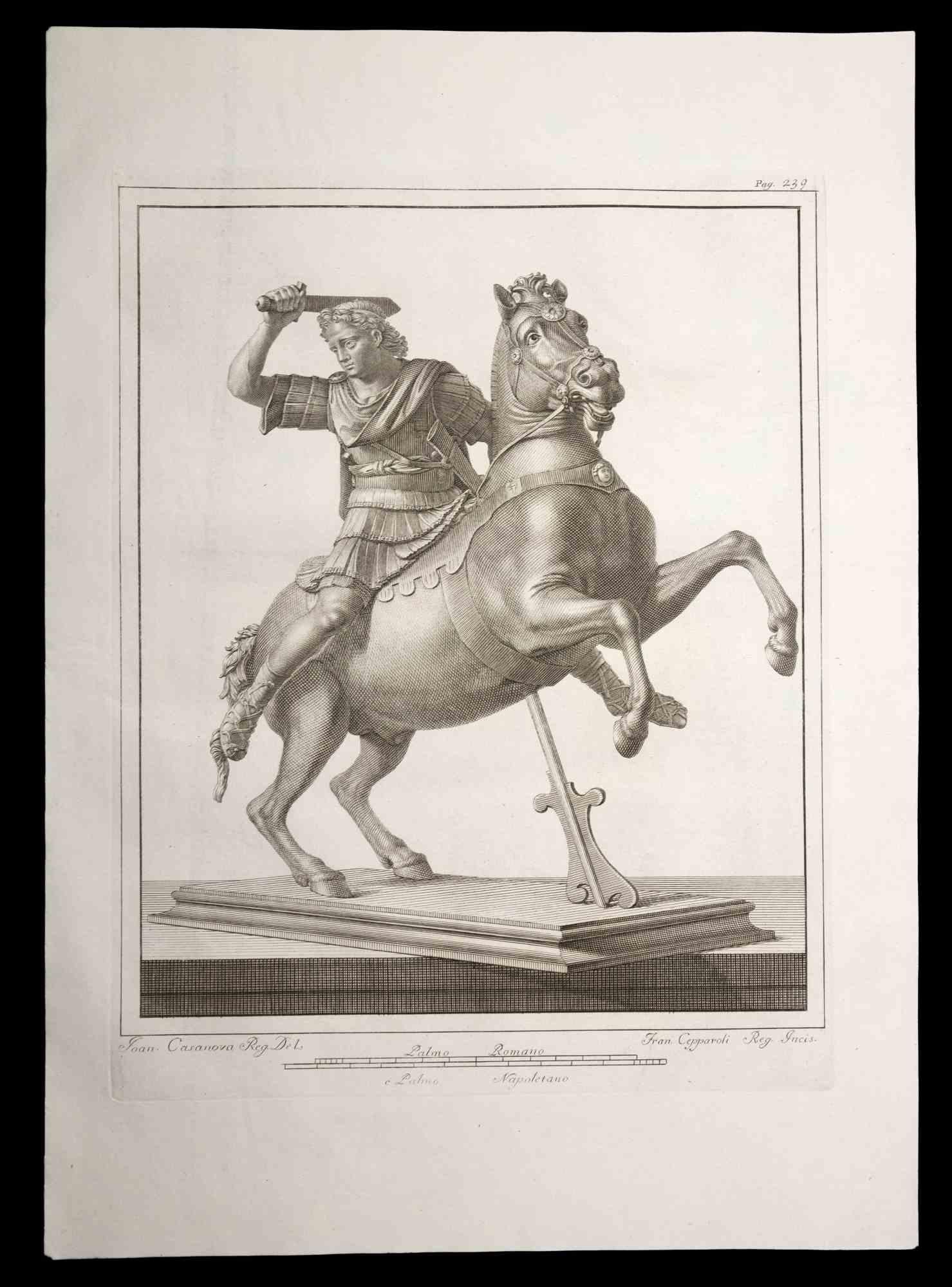 Legionario con el caballo, estatua romana antigua, de la serie "Antigüedades de Herculano", es un aguafuerte original sobre papel realizado por Francesco Cepparoli en el siglo XVIII.

Firmado en la placa, en la parte inferior derecha.

Buenas