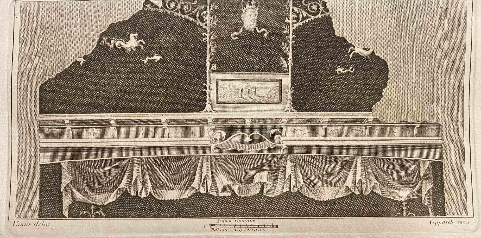 Style ornemental pompéien  Fresque des "Antiquités d'Herculanum" est une gravure sur papier réalisée par Francesco Cepparoli au 18ème siècle.

Signé sur la plaque.

Bonnes conditions.

La gravure appartient à la suite d'estampes "Antiquités