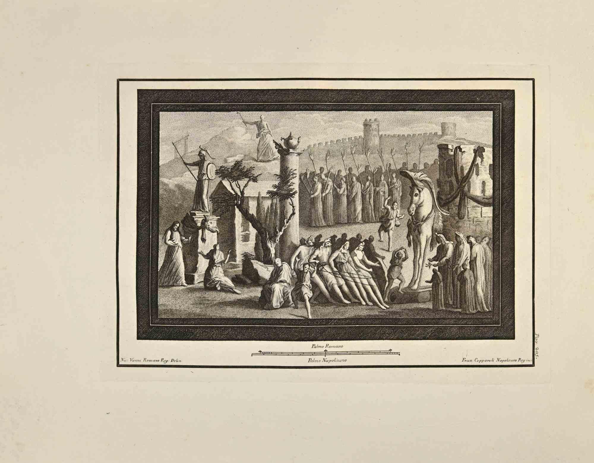 Victory In Roman Empire Fresco from "Antiquities of Herculaneum" is an etching on paper realized by Francesco Cepparoli in the 18th Century.

Signed on the plate.

Good conditions with some folding.

The etching belongs to the print suite