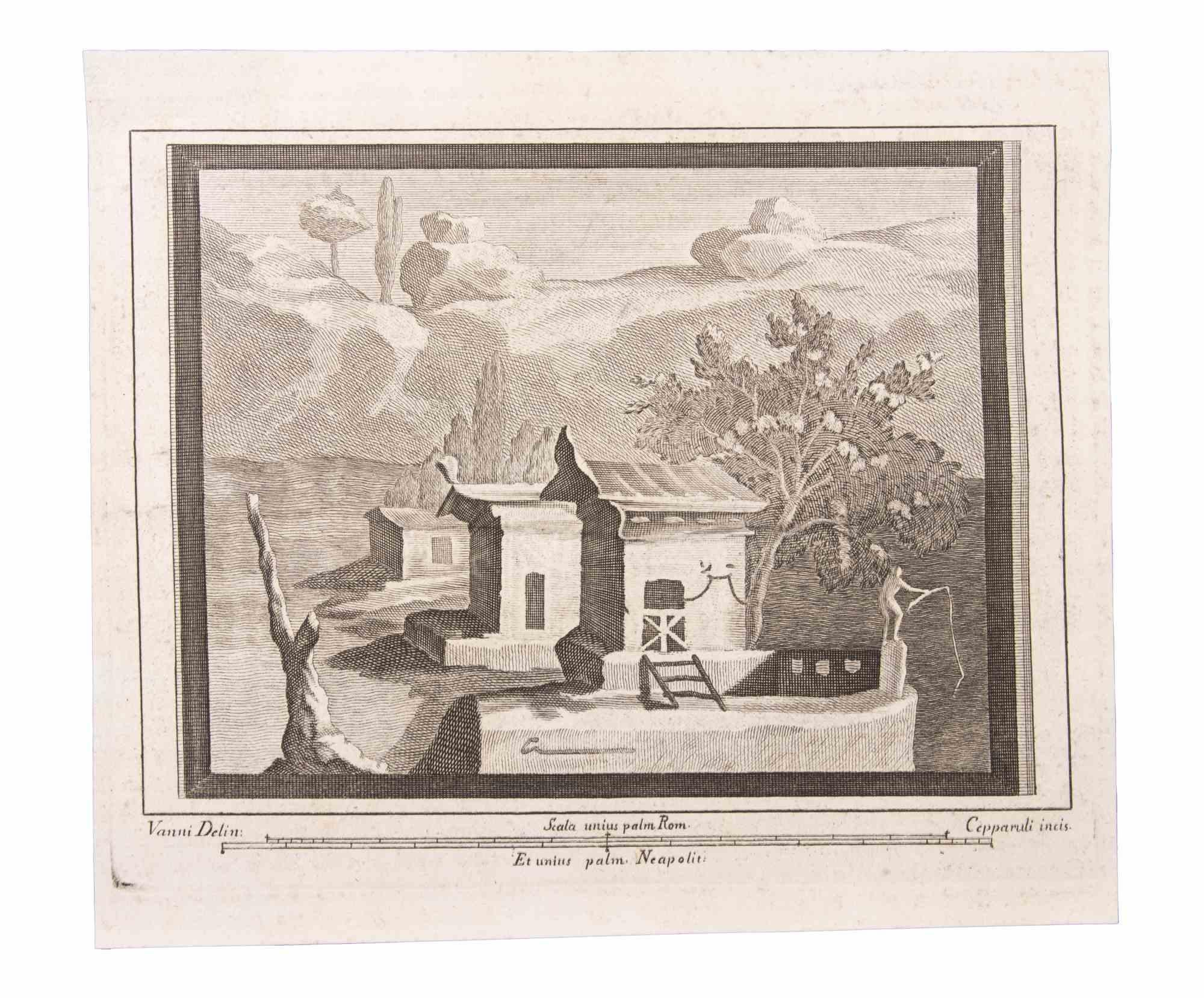 Victory In Seascape With Monument- Etching by Francesco Cepparoli - 18th Century