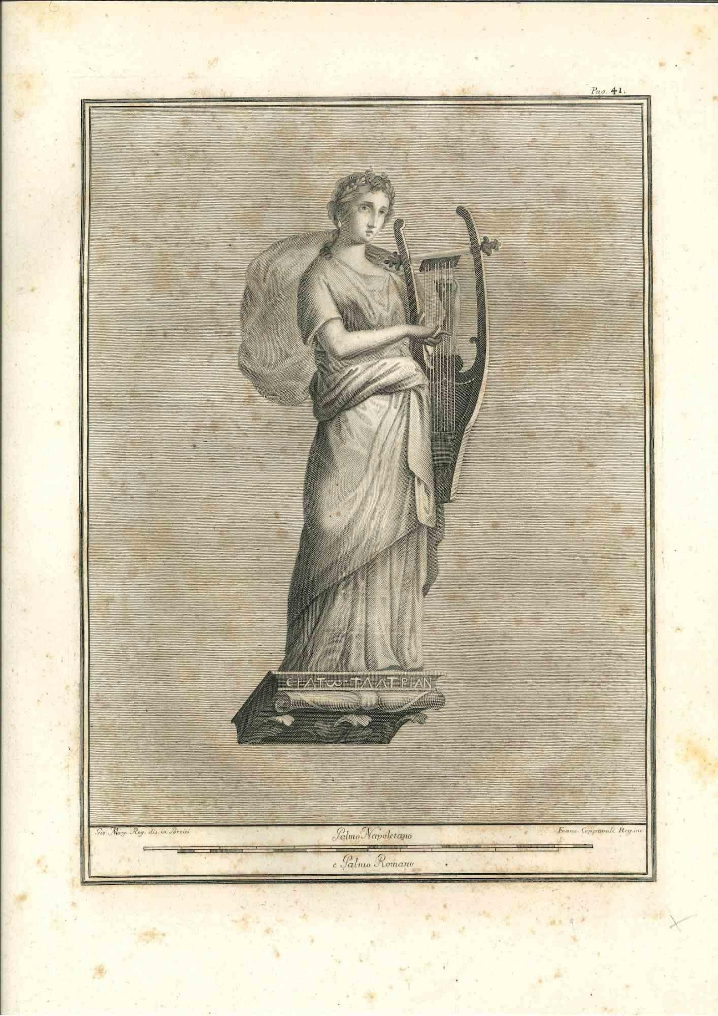 Statue romaine antique, de la série "Antiquités d'Herculanum", est une gravure originale sur papier réalisée par Francesco Cepparuli au 18ème siècle.

Signé sur la plaque en bas à droite

Bon état mais vieilli.

La gravure appartient à la suite