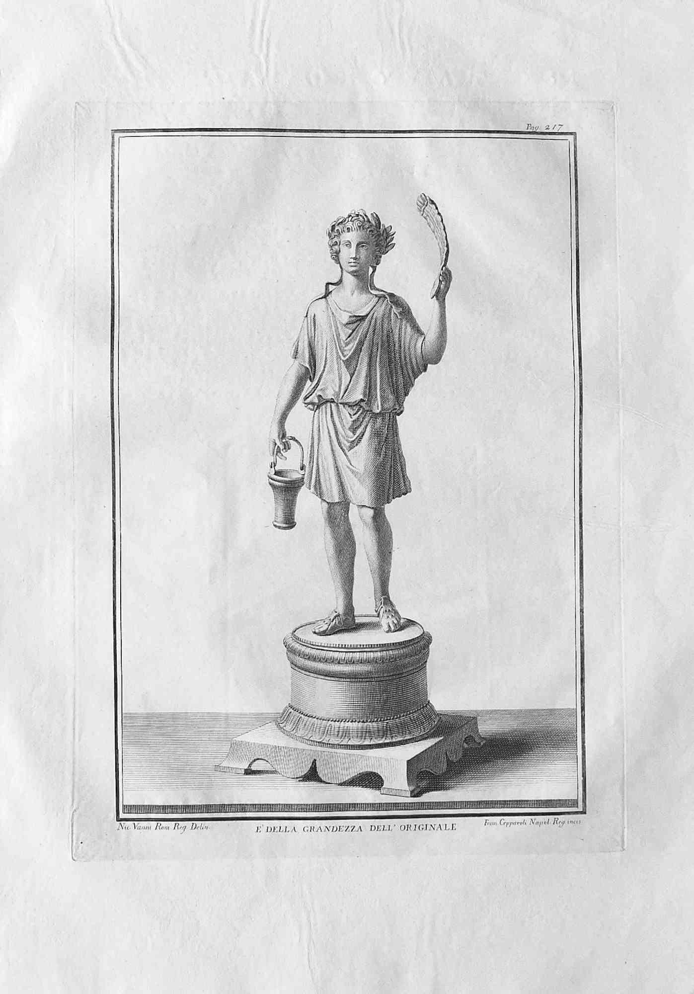 Ancient Roman Statue, from the series "Antiquities of Herculaneum", is an original etching on paper realized by Francesco Cepparuli in the 18th century.

Signed on the plate on the lower right

Good conditions but aged.

The etching belongs to the