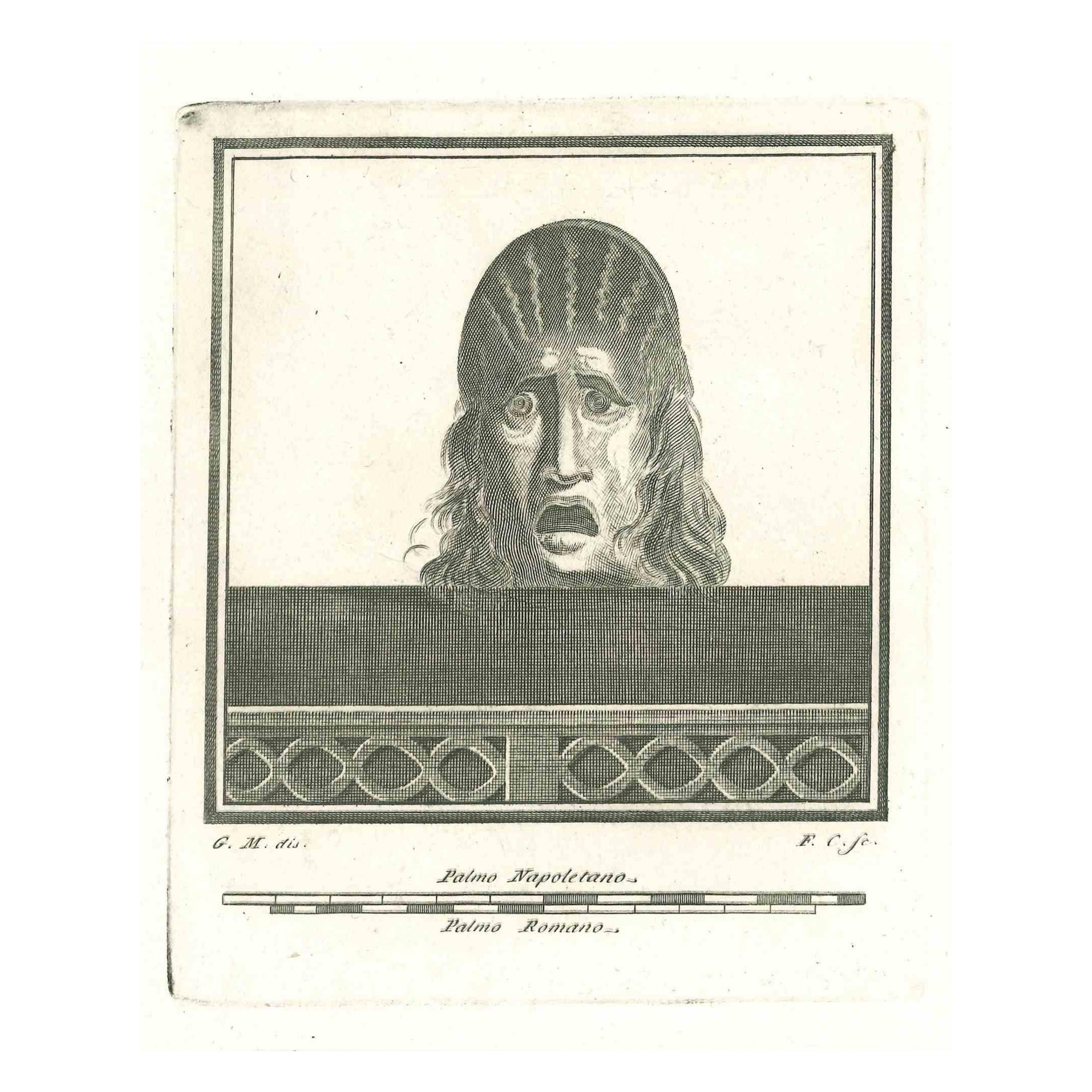 Figurative Print Francesco Cepparuli - Masque théâtrale ancien - gravure  XVIIIe siècle