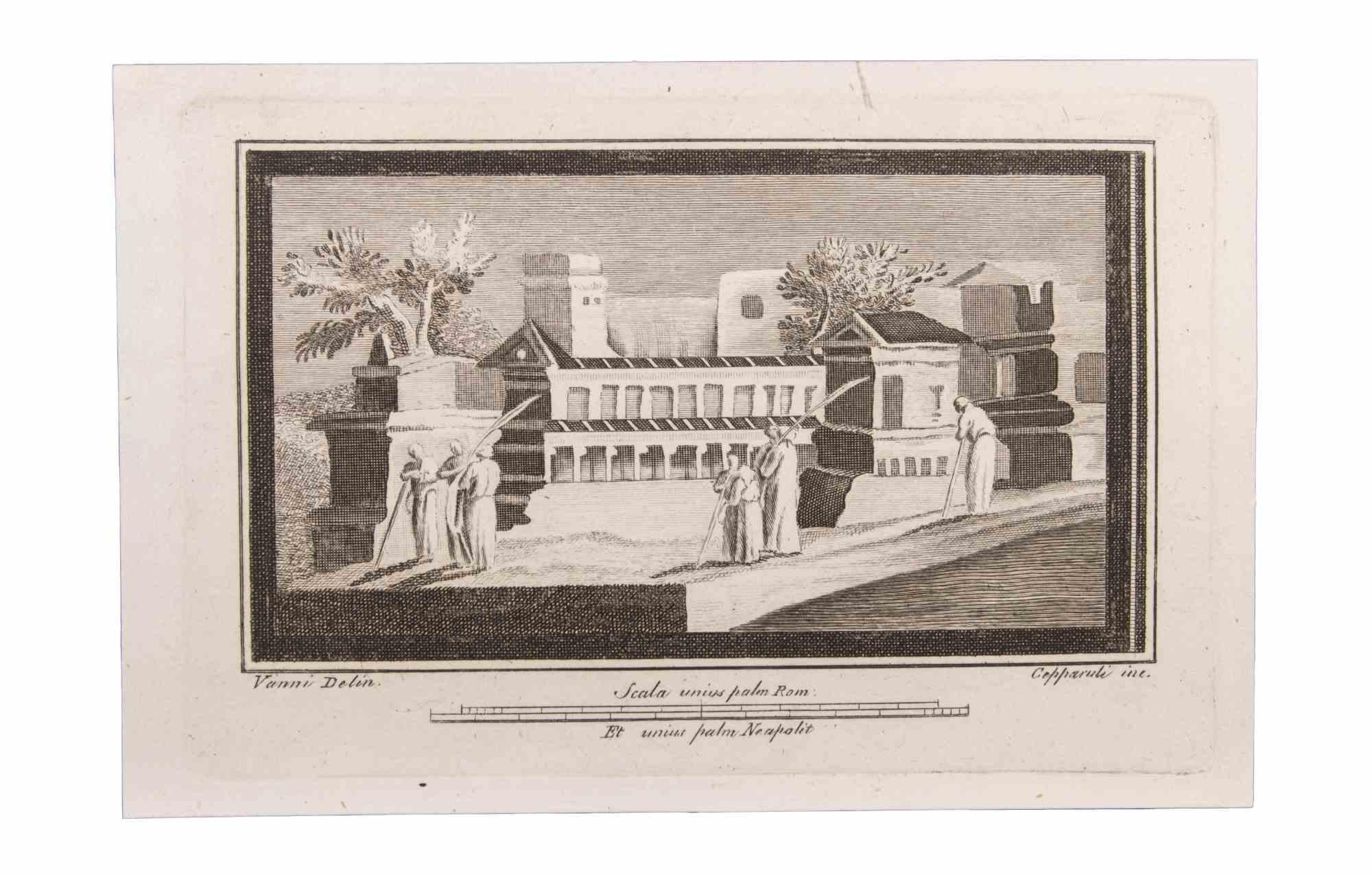 Figurative Print Francesco Cepparuli - Paysages avec monuments et personnages - gravure de F. Cepparuli - 18ème siècle