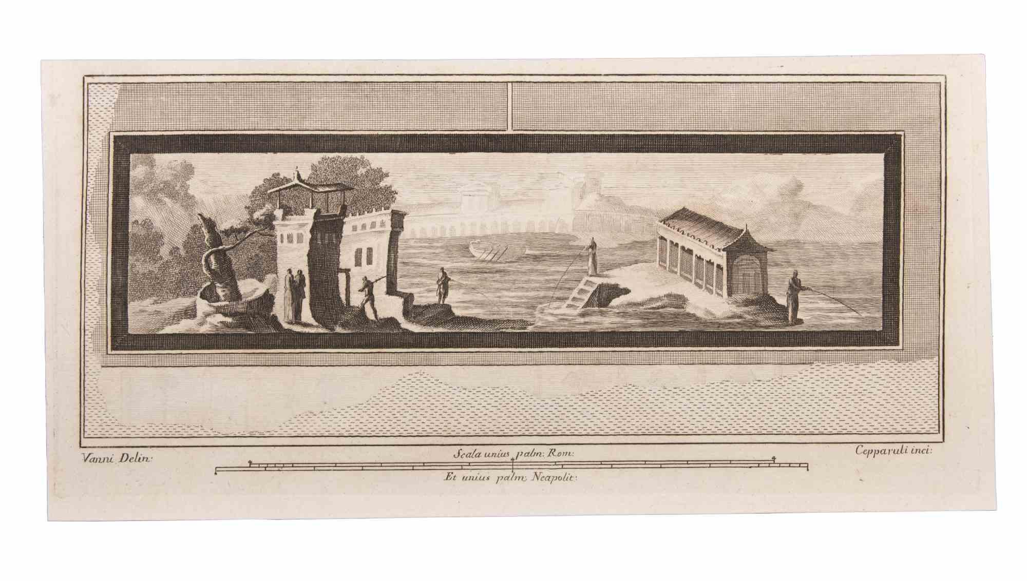 Francesco Cepparuli Figurative Print - Seascape with Monument and Figures - Etching by F. Cepparuli - 18th Century