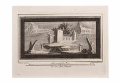 Paesaggio marino con monumento e figure - Acquaforte di F. Cepparuli - XVIII secolo