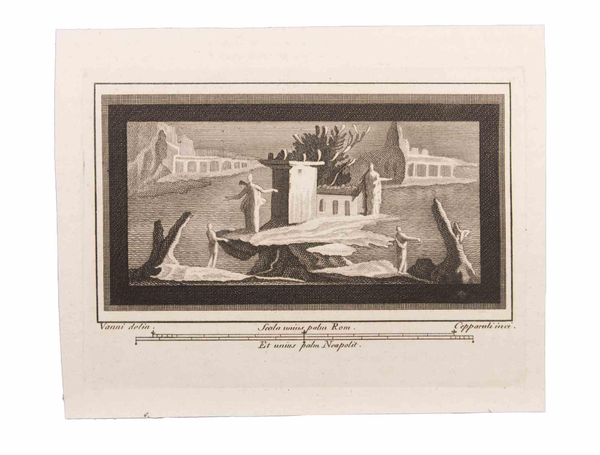 Figurative Print de Francesco Cepparuli - Paisaje marino con monumento y figuras - Aguafuerte de F. Cepparuli - Siglo XVIII