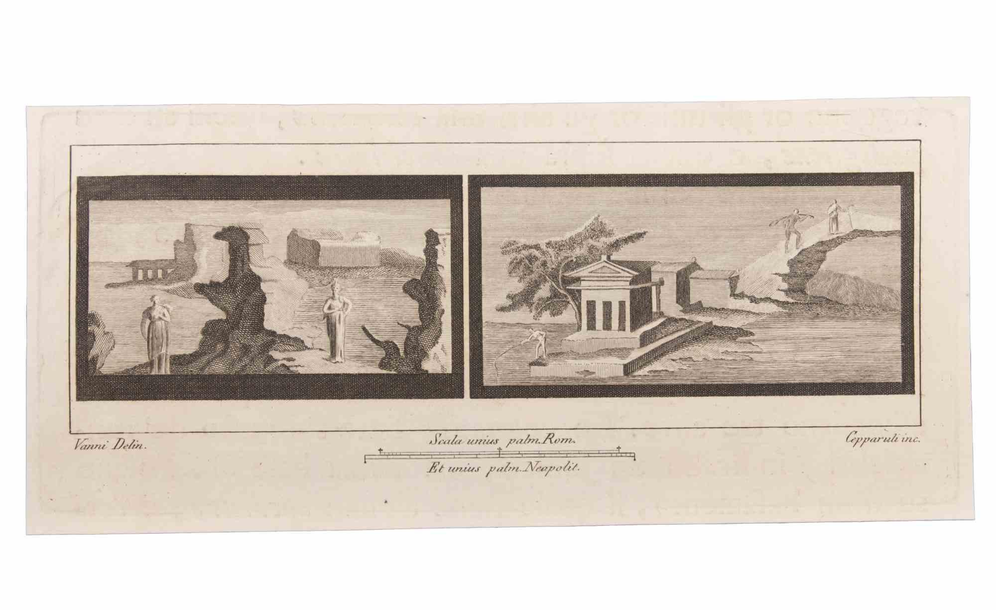 Figurative Print Francesco Cepparuli - Paysage marin avec monument et personnages - gravure de F. Cepparuli - 18ème siècle
