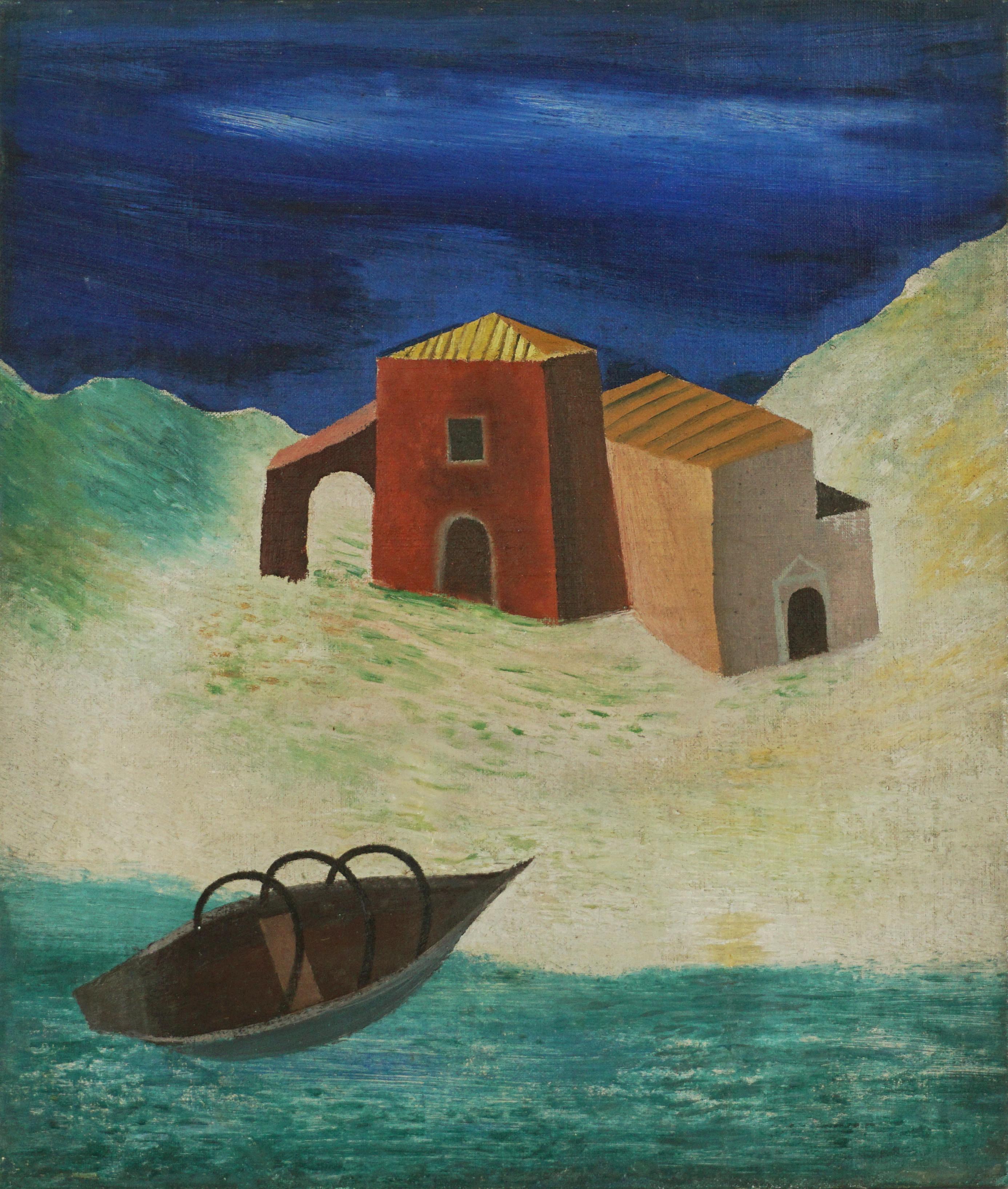 Francesco Christofanetti Landscape Painting - 1940s Mediterranean Fishing Village Landscape