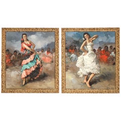 Antique Francisco Rodriguez Sanchez Clement Oil Paintings on Canvas Flamenco Dancers