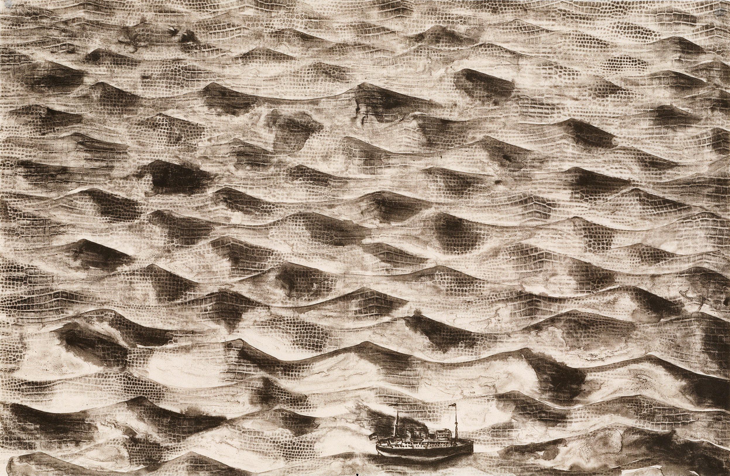 Clemente Untitled B: surreal mythical landscape, voyage with ocean, Venus, snake - Contemporary Print by Francesco Clemente