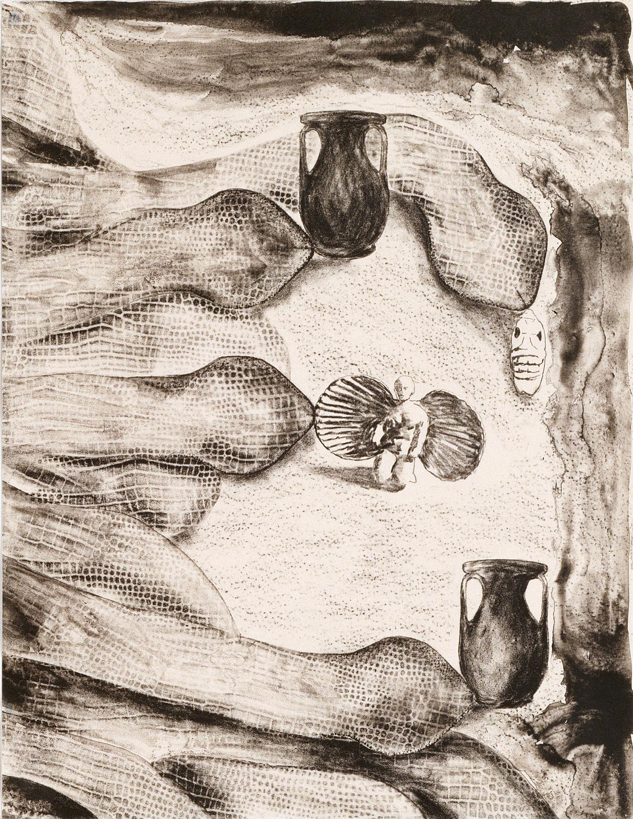 Clemente Untitled B: surreal mythical landscape, voyage with ocean, Venus, snake - Beige Figurative Print by Francesco Clemente