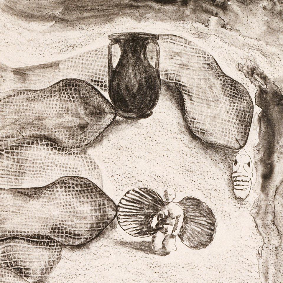 A black and white, large-scale surreal mythical landscape of an ocean voyage, with a snake wrapped around a clock, a ship, Venus sculpture, greek urns, and snakes, printed in black on translucent Japanese paper.

Paper: three panels, total 65.5 x