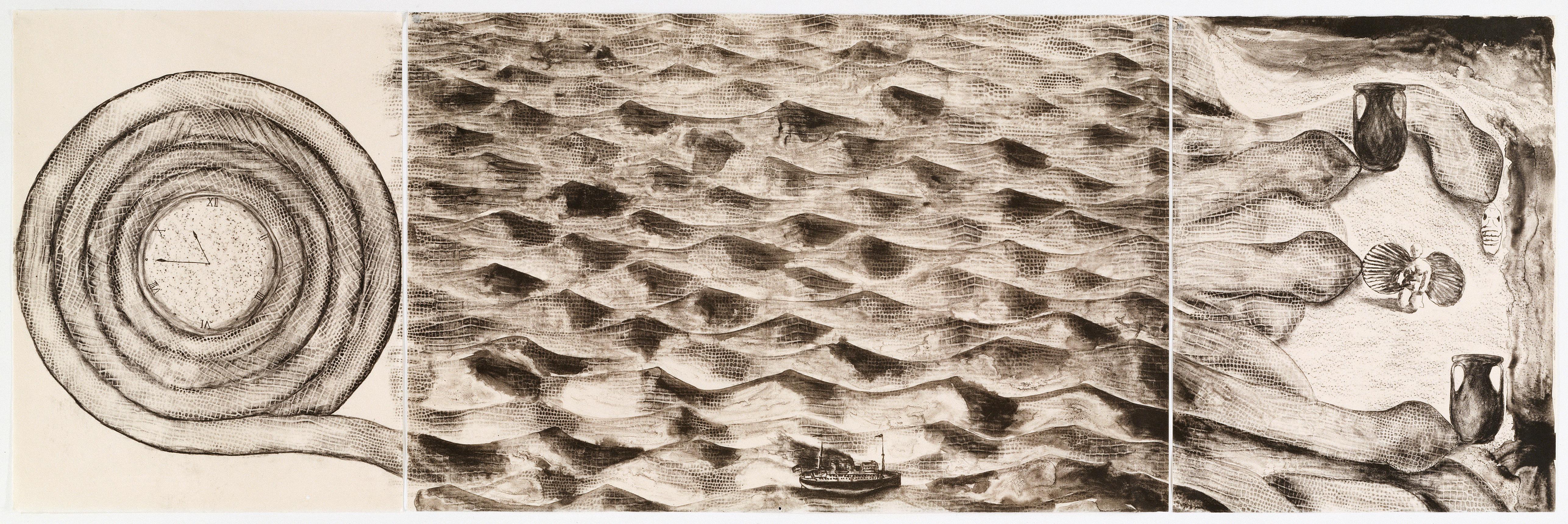 Francesco Clemente Figurative Print - Clemente Untitled B: surreal mythical landscape, voyage with ocean, Venus, snake