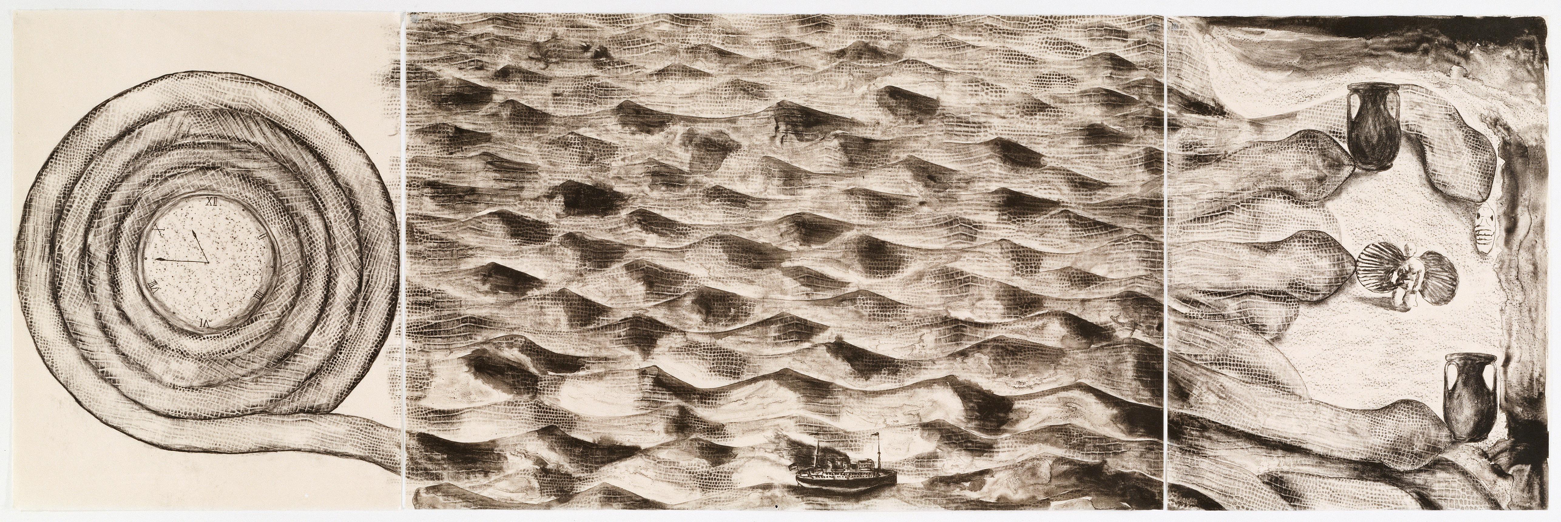 Clemente Sin título B: paisaje mítico surrealista, viaje con océano, Venus, serpiente