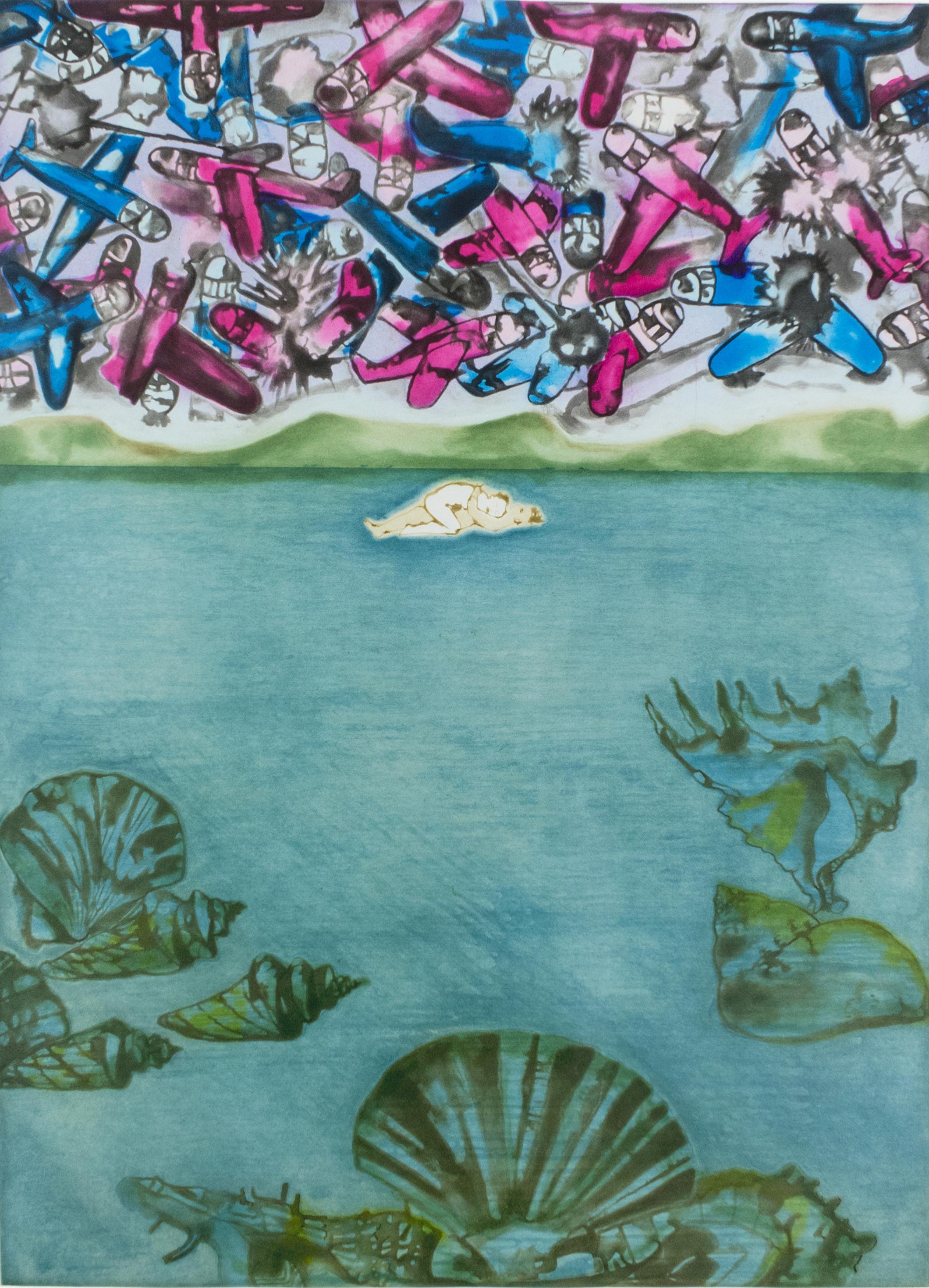 Conception: birth of Venus, lovers, pink blue fighter planes, ocean landscape - Print by Francesco Clemente