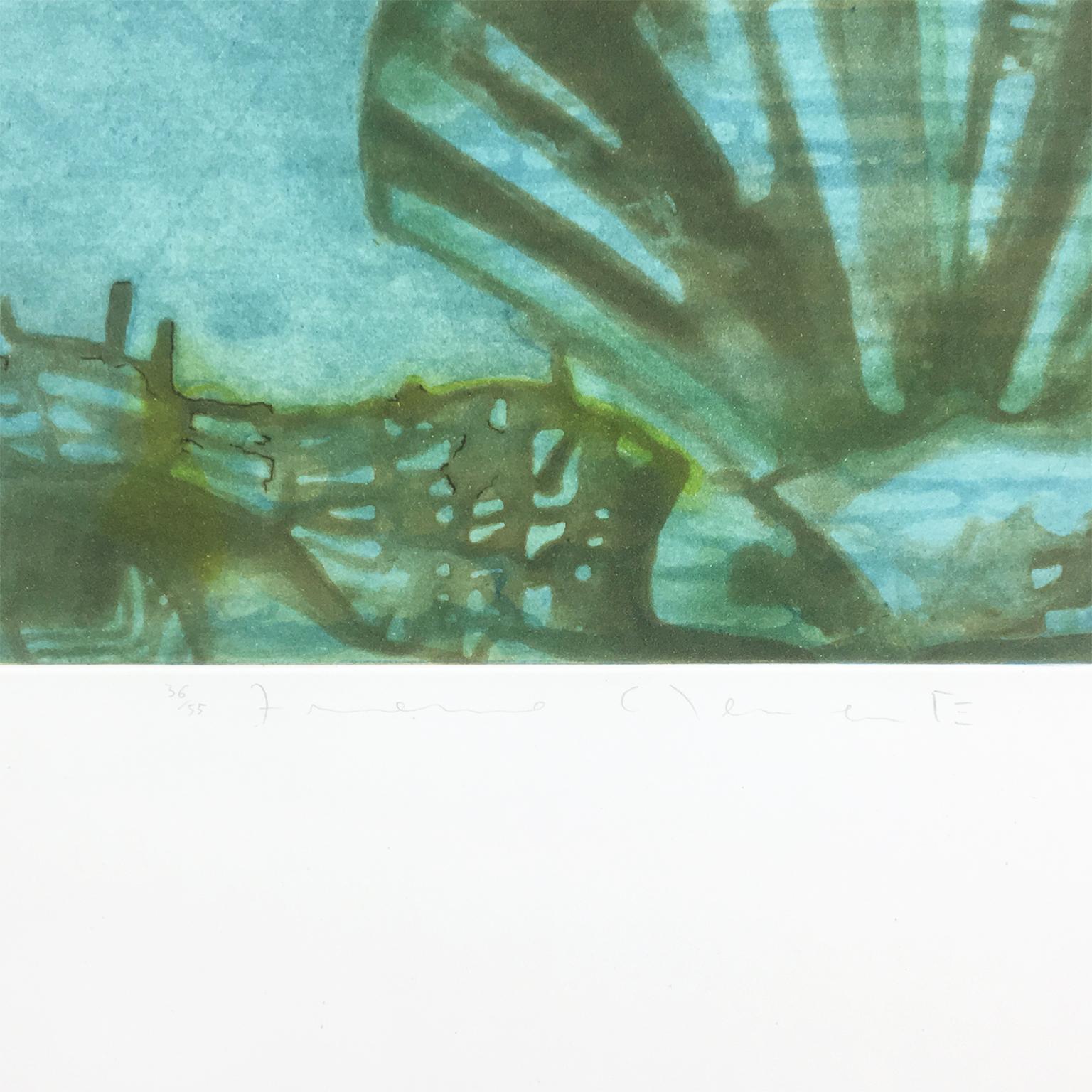 This large, bright blue and neon pink Francesco Clemente etching features two nude lovers in a turquoise ocean stretching towards the viewer. Seashells in shades of green ornament either side, and at the base of the image, a large clamshell