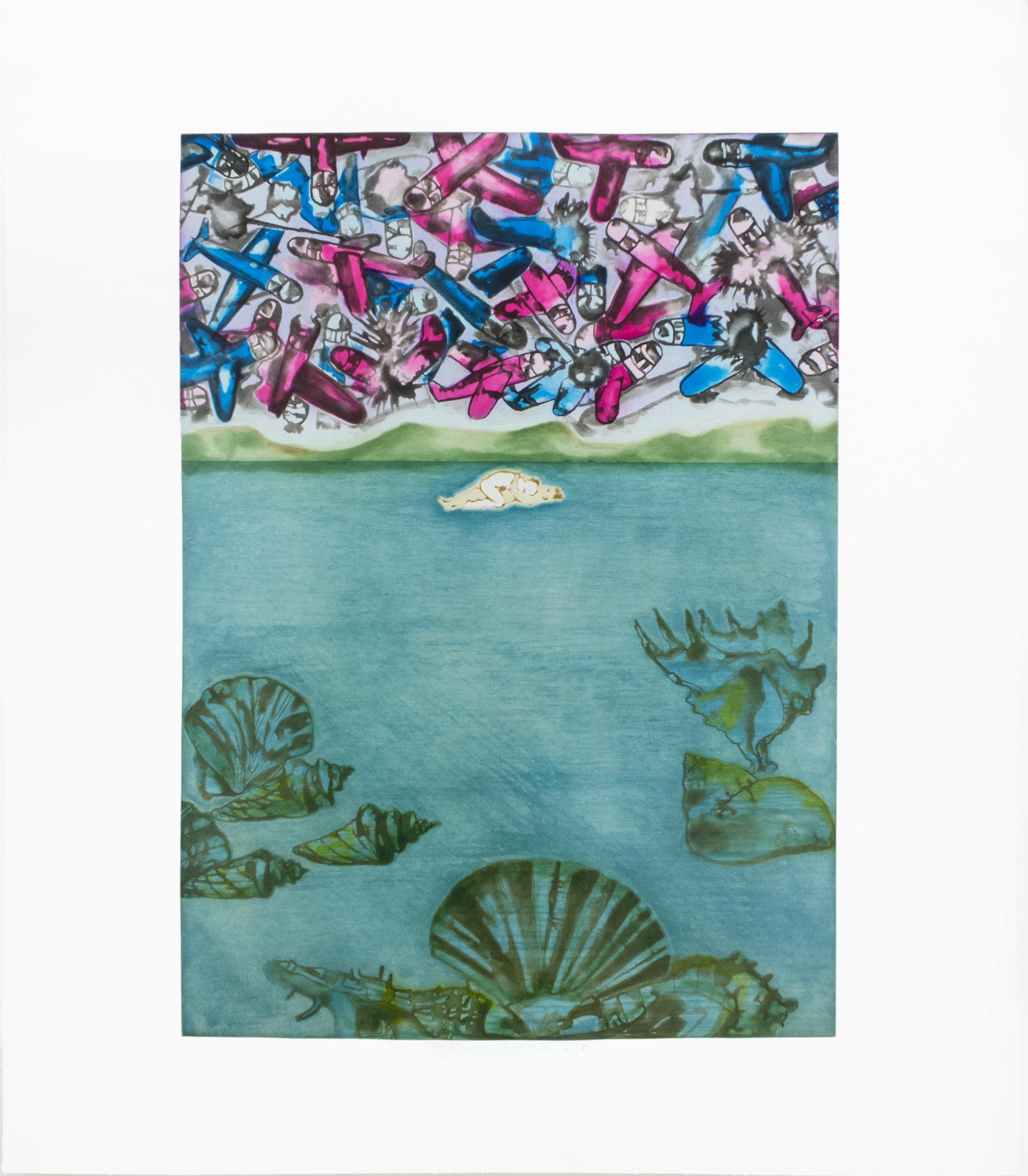 Conception: birth of Venus, lovers, pink blue fighter planes, ocean landscape - Contemporary Print by Francesco Clemente