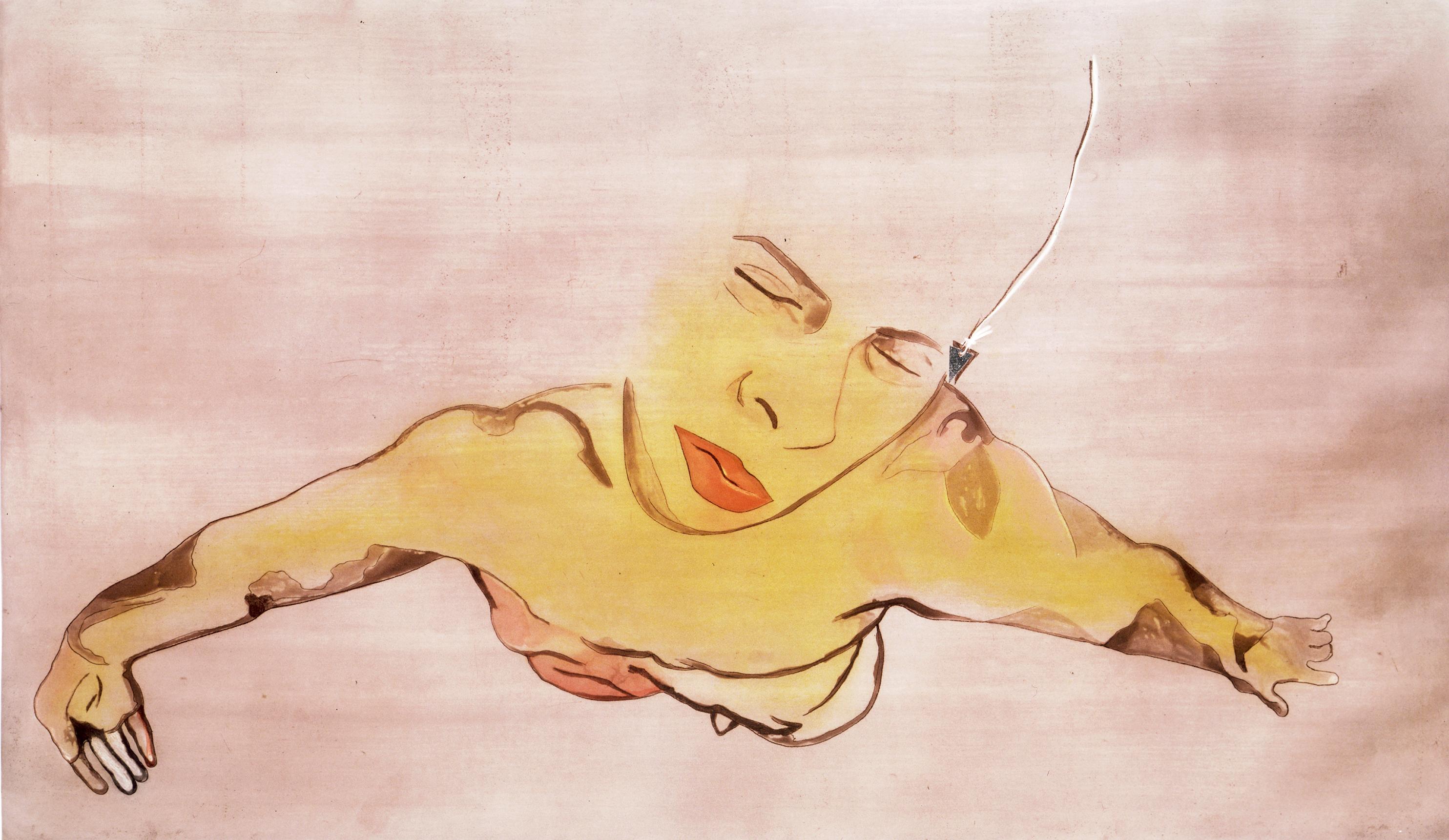 Francesco Clemente Portrait Print - Semen: large scale expressionist nude male figure portrait, floating in pink