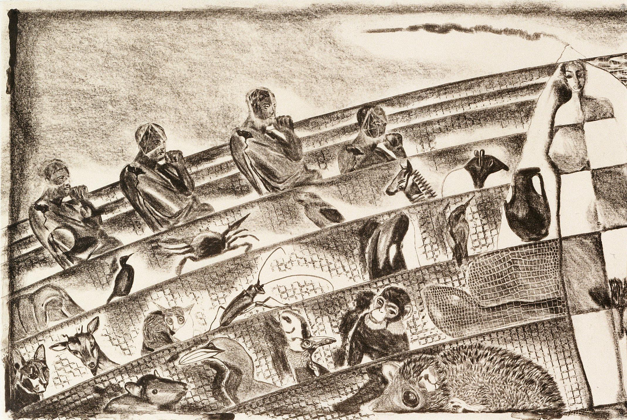 Clemente Sans titre A : paysage mythique surréaliste, voyage avec océan et animaux   - Print de Francesco Clemente