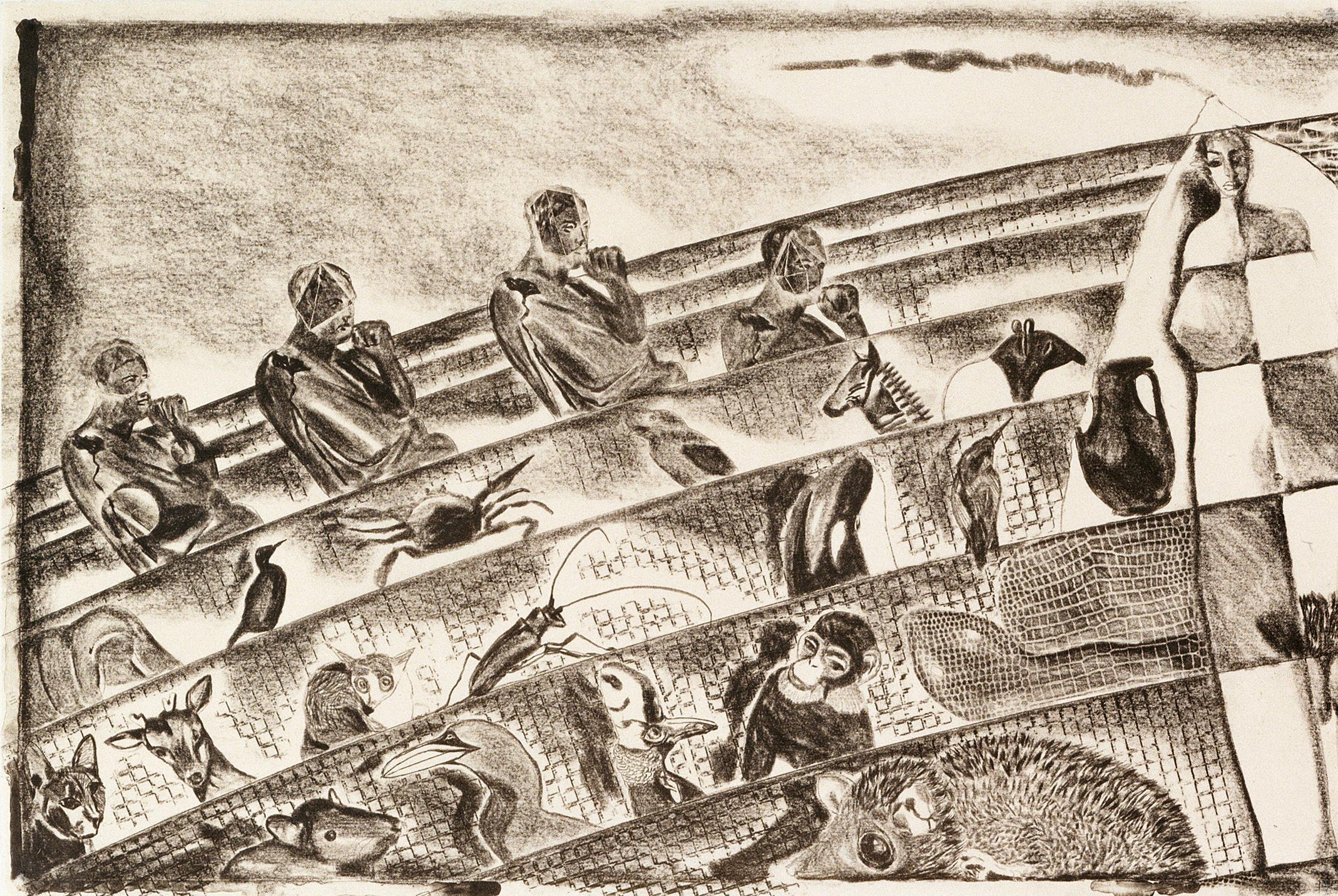 Clemente Untitled A: surreal mythical landscape, voyage with ocean and animals - Print by Francesco Clemente