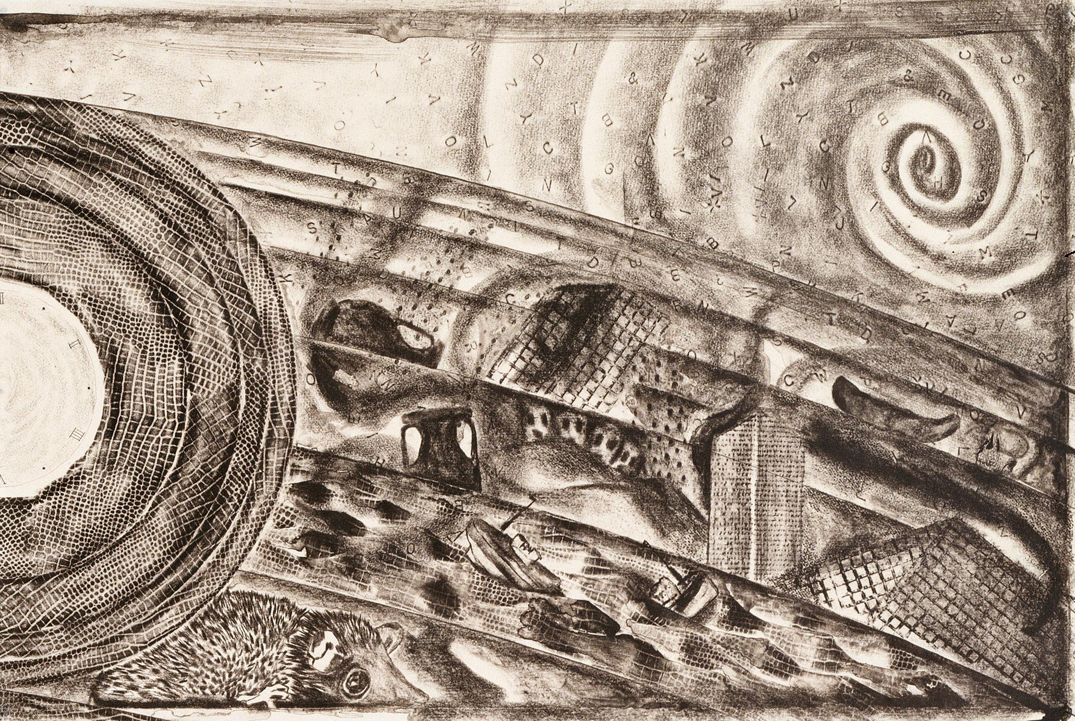 Clemente Sans titre A : paysage mythique surréaliste, voyage avec océan et animaux   - Marron Figurative Print par Francesco Clemente