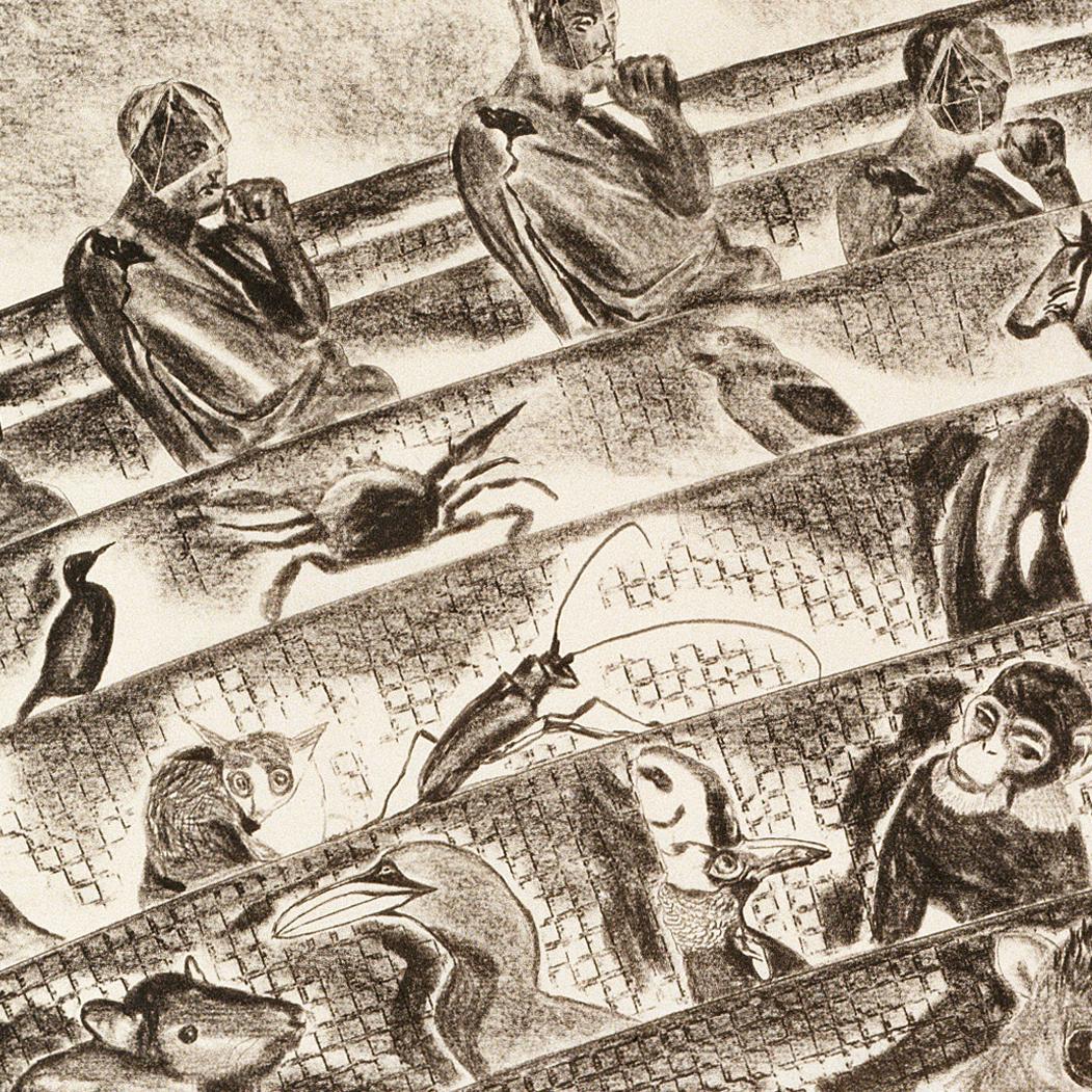 Paysage mythique surréaliste à grande échelle, en noir et blanc, représentant un voyage en mer, avec un serpent enroulé autour d'une horloge, une figure féminine, des urnes grecques et des animaux tels qu'un chien, un chat et un oiseau, imprimé en