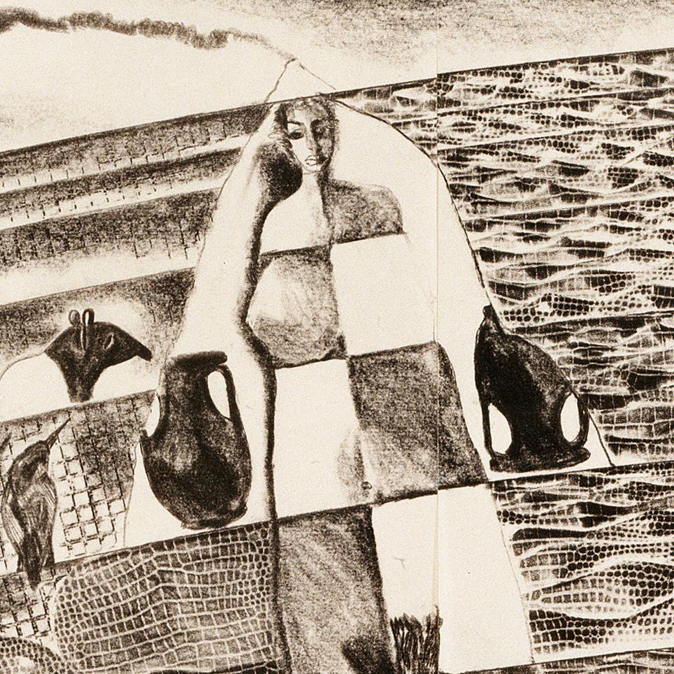 Clemente Untitled A: surreal mythical landscape, voyage with ocean and animals - Brown Figurative Print by Francesco Clemente
