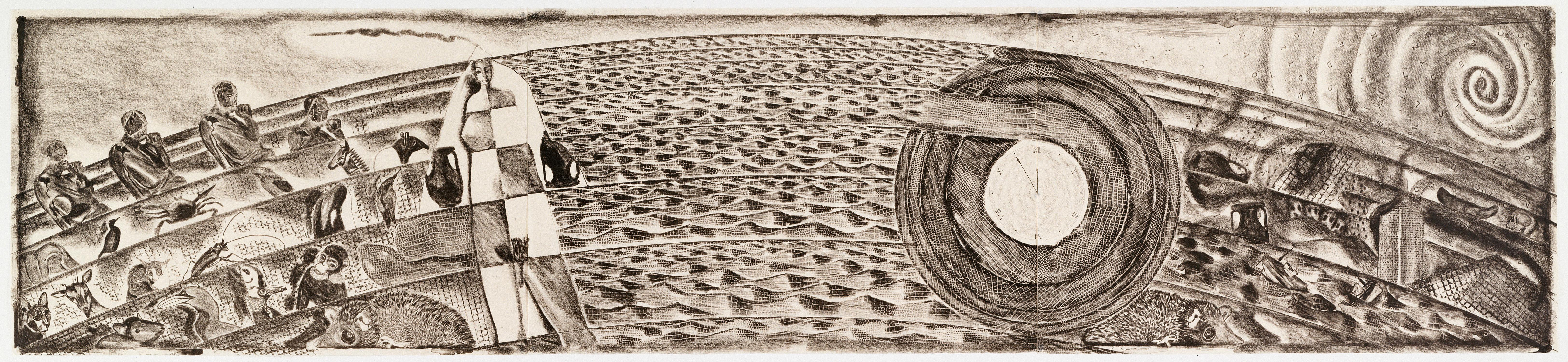 Clemente Sin título A: paisaje mítico surrealista, viaje con océano y animales